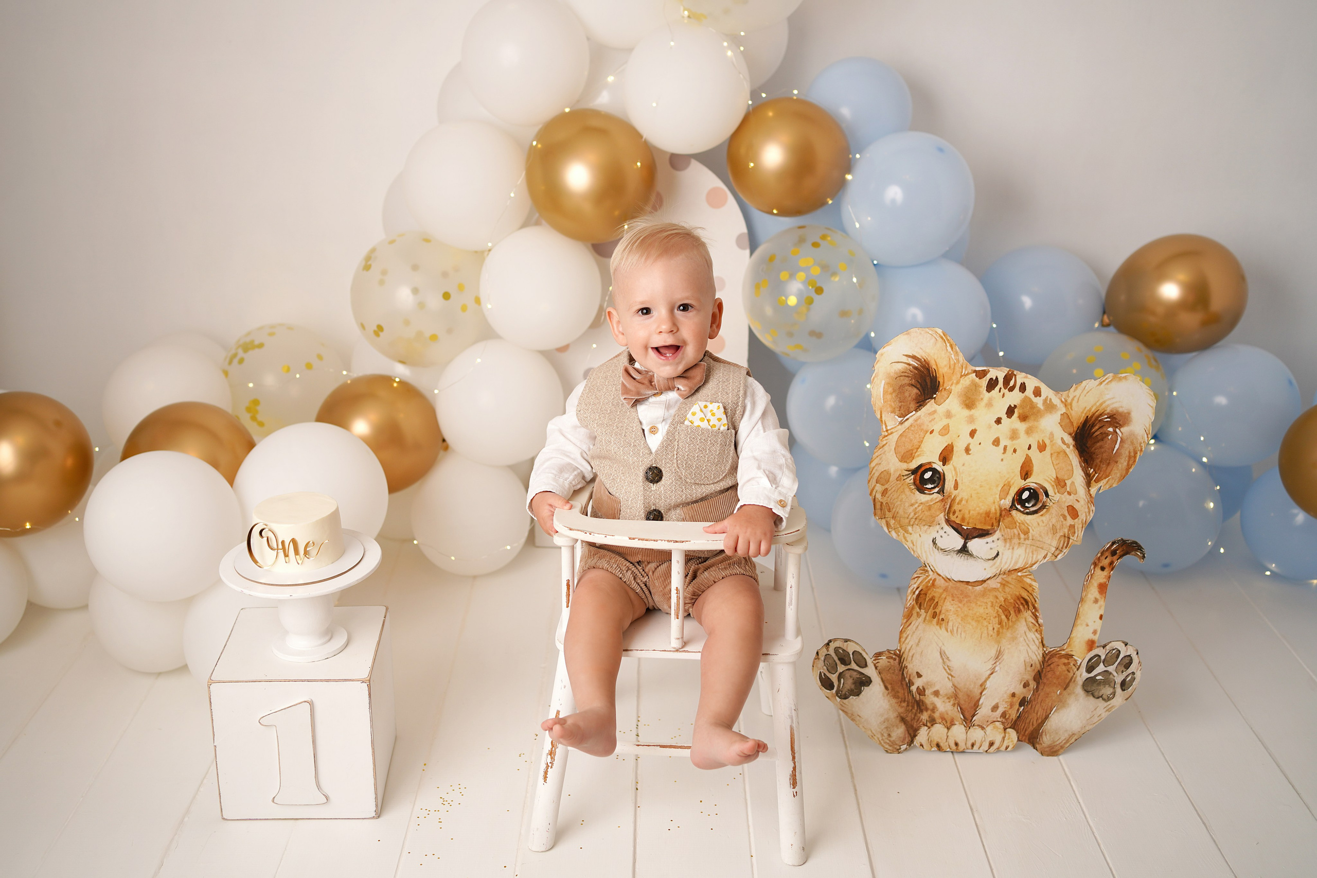 Малыш на фотосессии первый годик. Рядом красивые шарики, фигурка льва, тортик, большие кубики год.