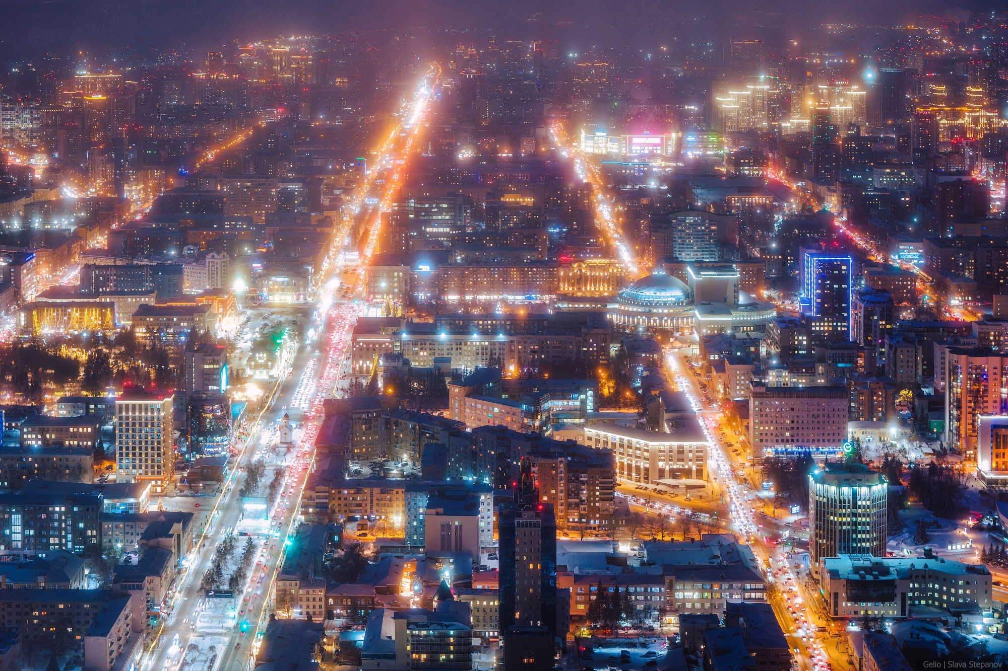 Морозный Новосибирск с высоты ночной, вечерний