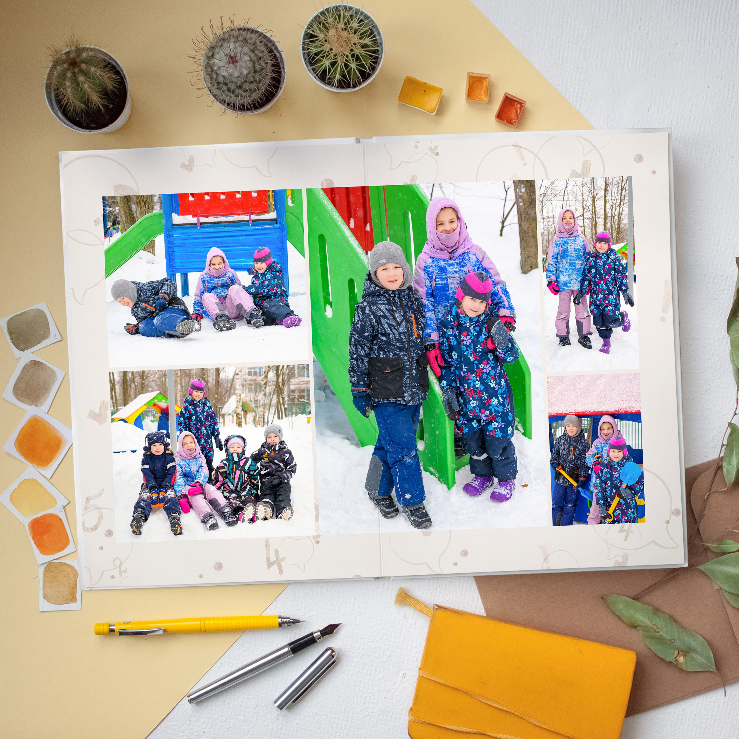 Индивидуальный выпускной альбом для детского сада. Разворот с зимней прогулки. Школьный и детский фотограф в Москве Первенцева Елена.