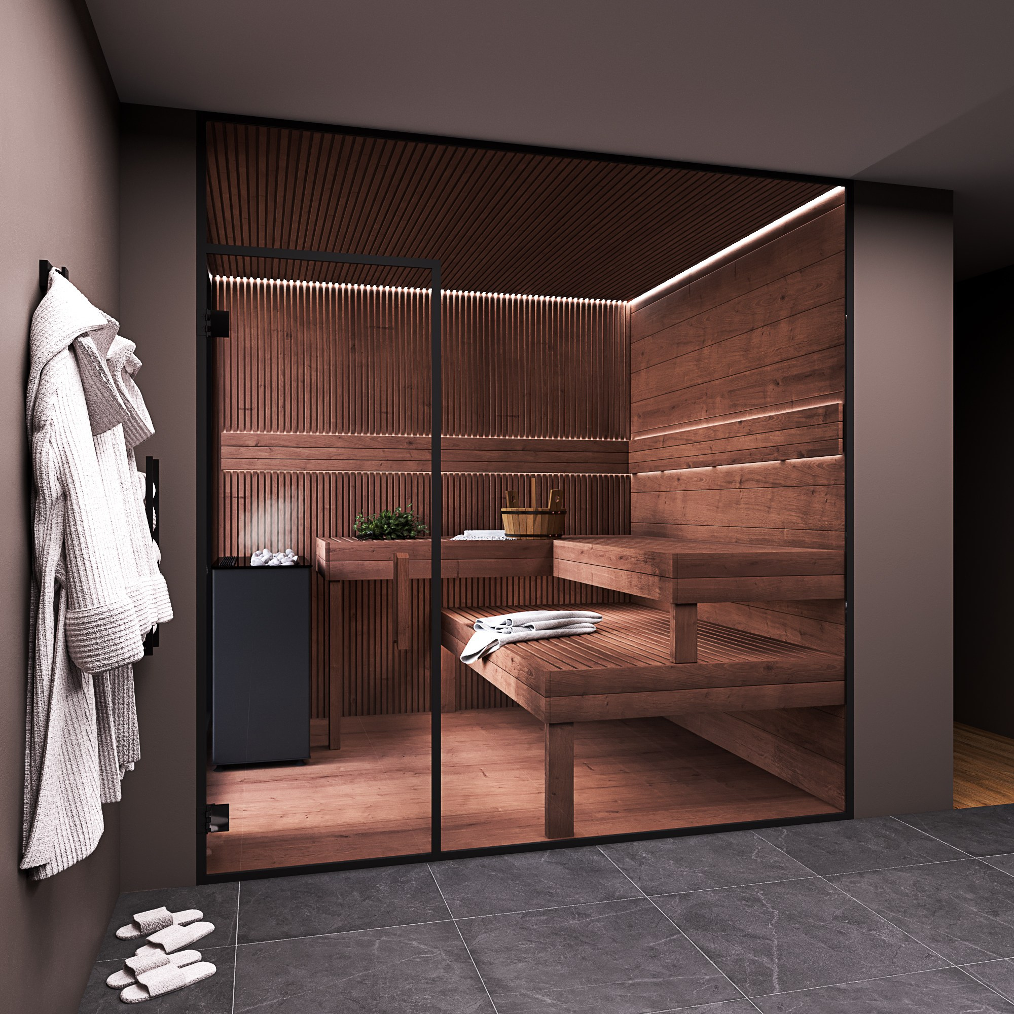 Сауна за стеклянной дверью: полки, каменка, деревянная отделка