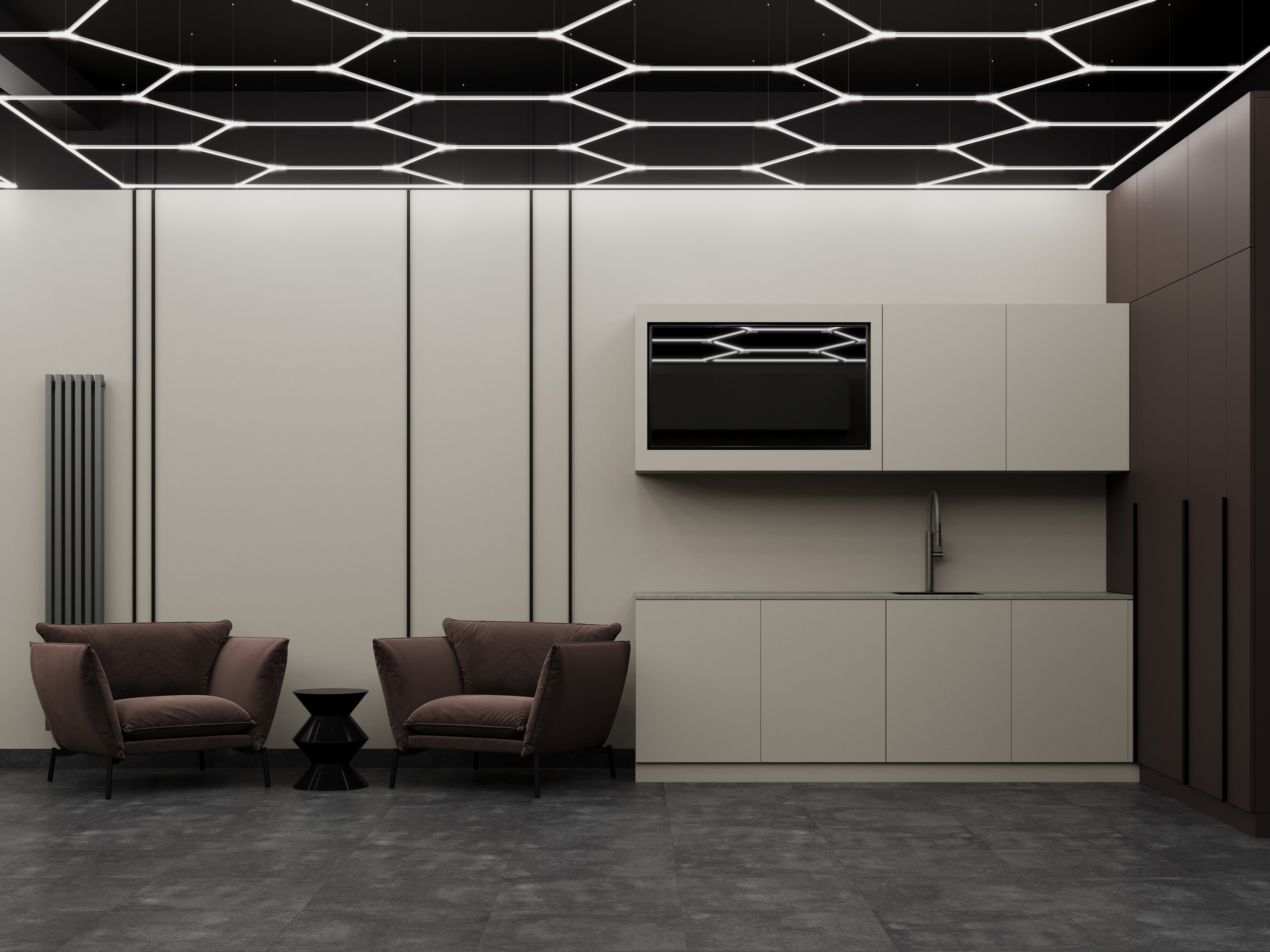 Современная зона отдыха в автосалоне с дизайнерским потолком и креслами 