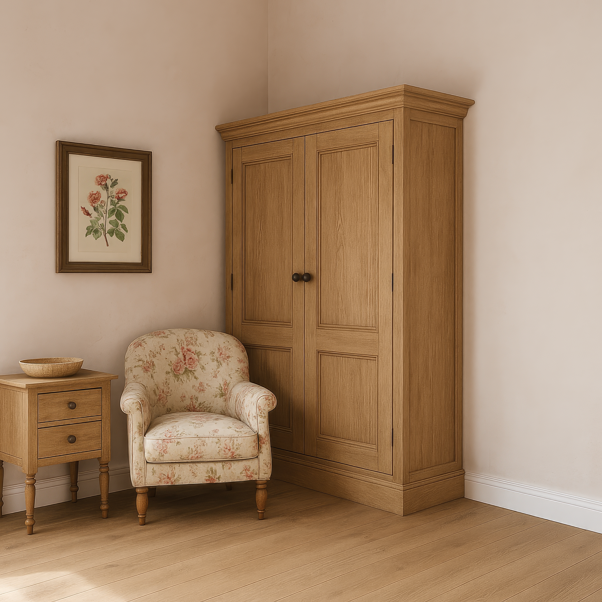 Вид классического шкафа и цветочного кресла в уютном интерьере сгенерированная нейросетью