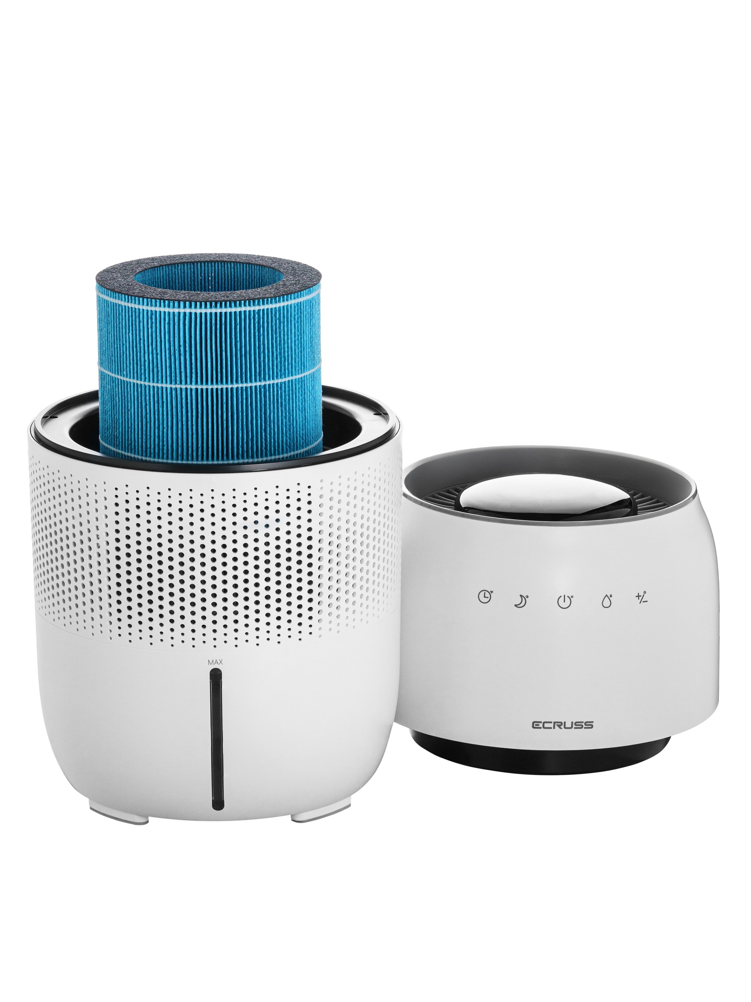 Разобранный очиститель воздуха Экрусс — фильтр внутри корпуса, техническая съёмка для инструкции и каталога