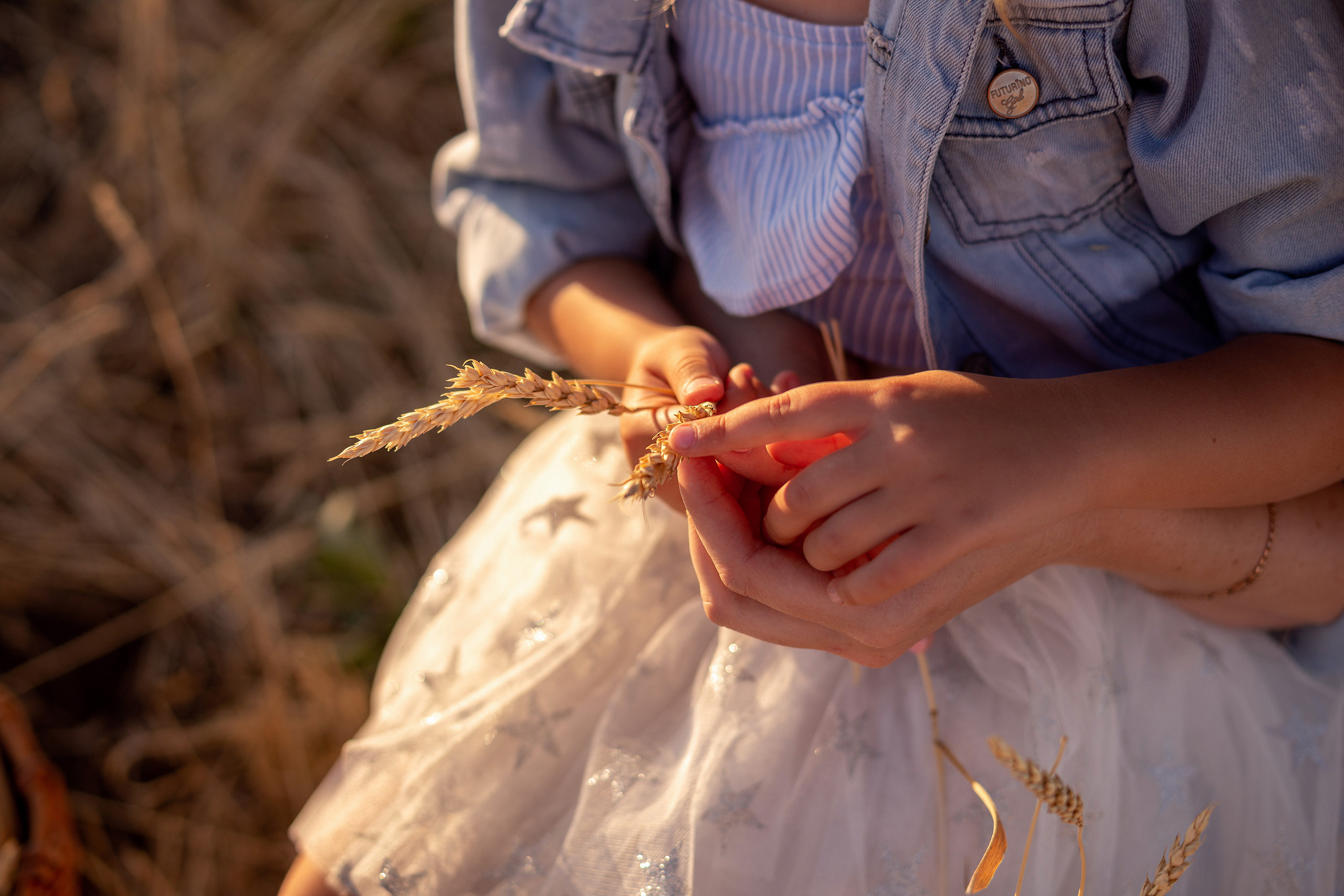 Фото рук девочки с колосьями пшеницы.
