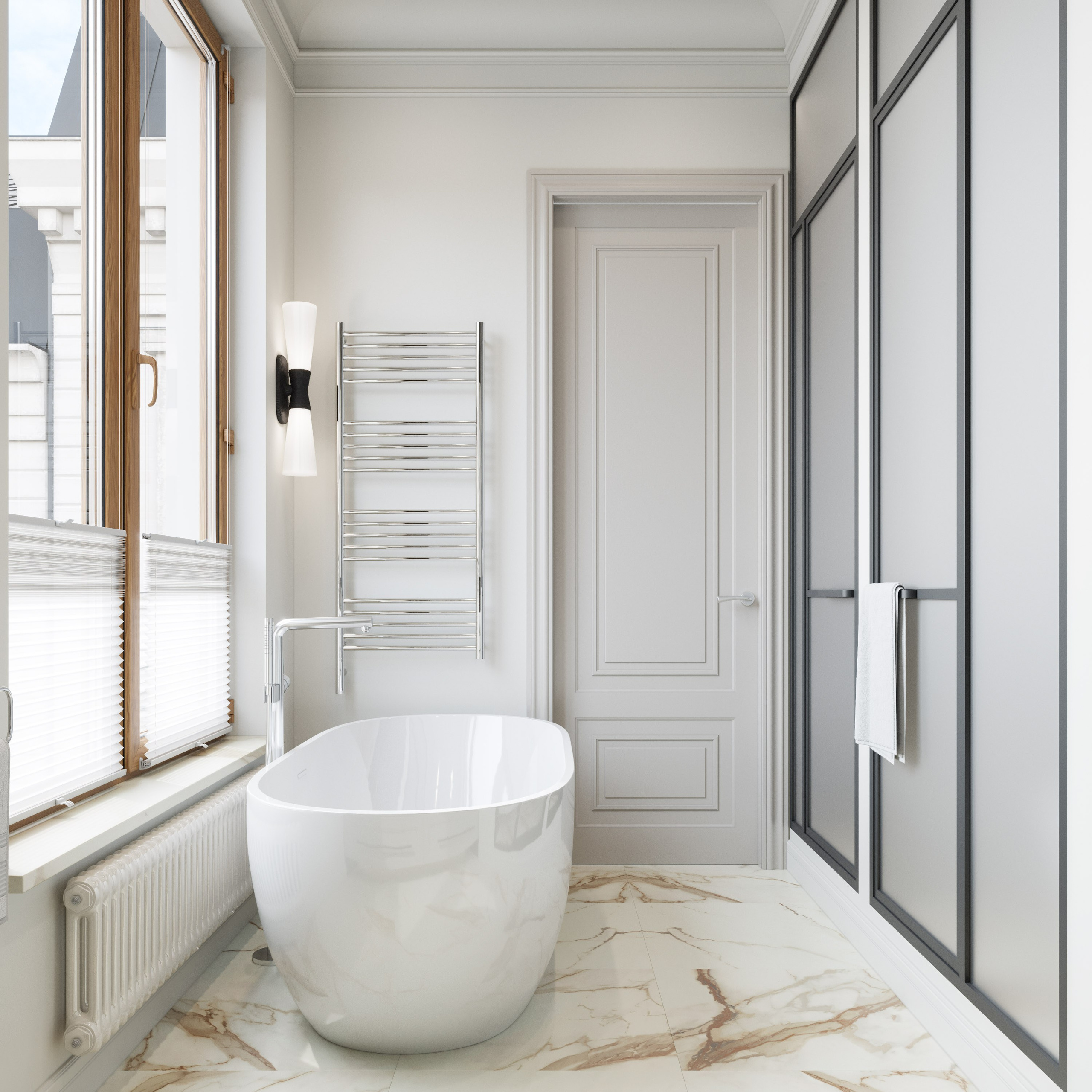 Санузел в неоклассическом стиле с лепным карнизом и хрустальными бра