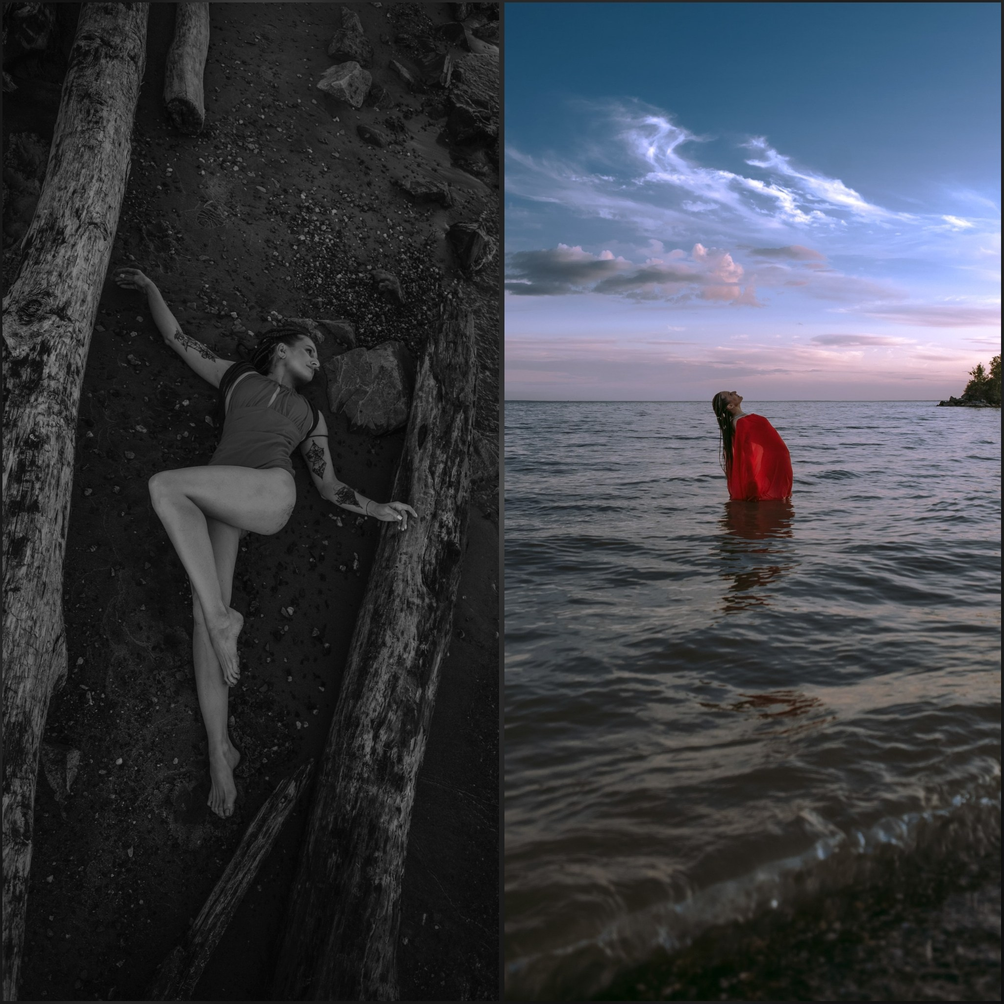 девушка в красном лежит на берегу на песке