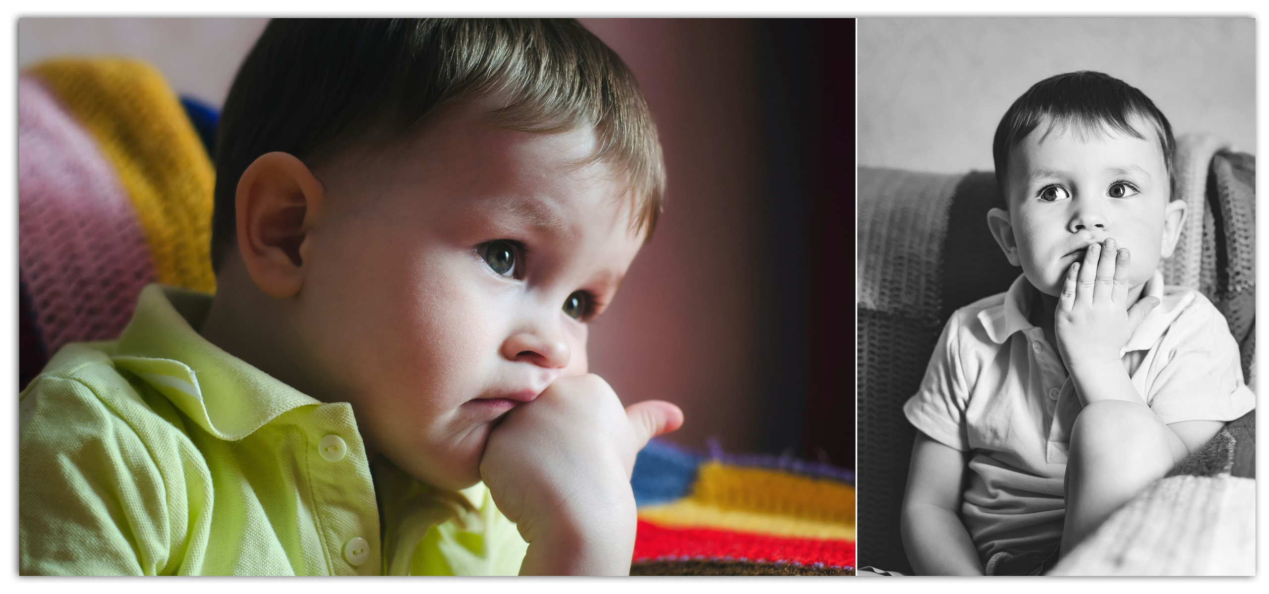 Мальчик на уютном диване, задумчиво сидит рядом с пледом.