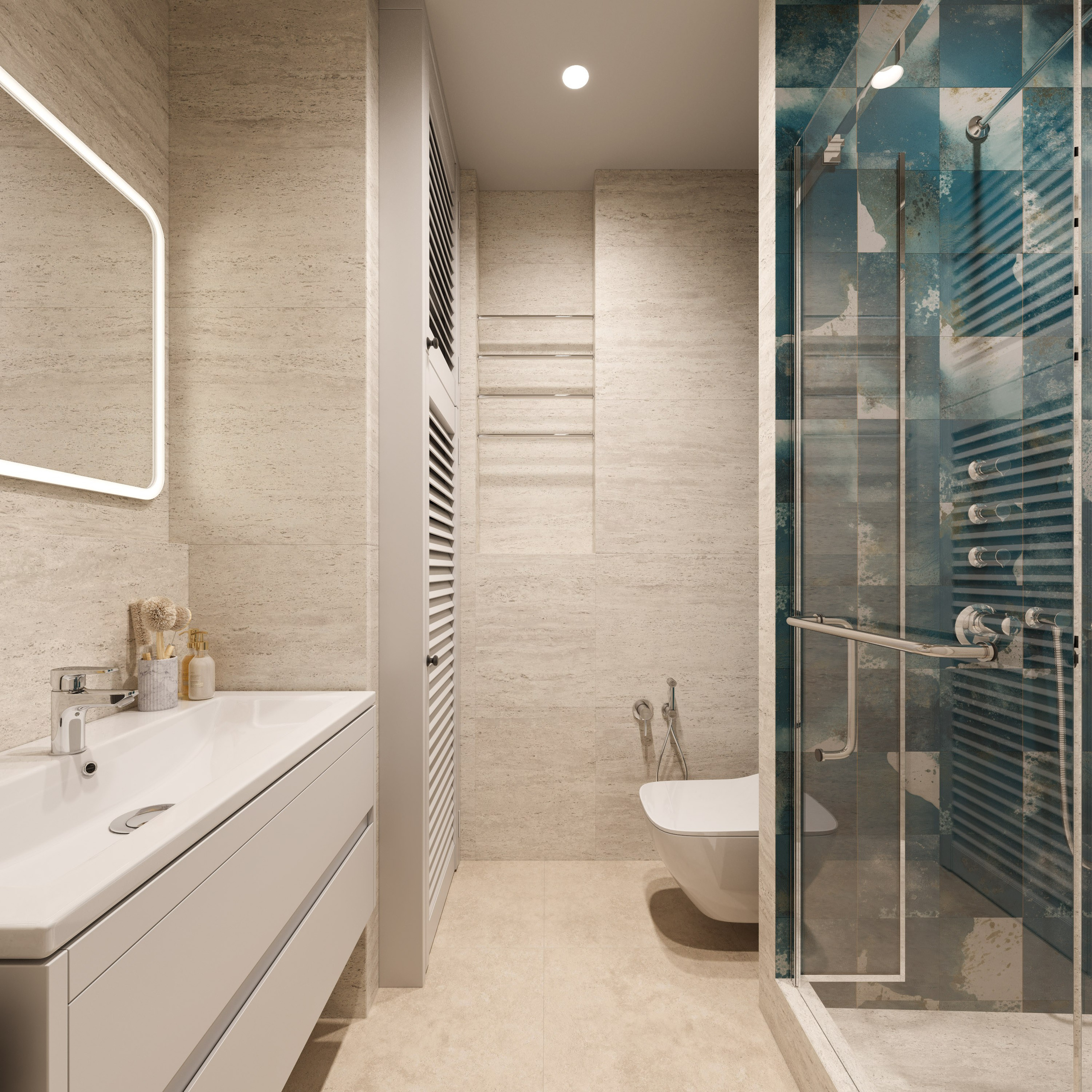 Минималистичный санузел с синей плиткой и подвесной сантехникой