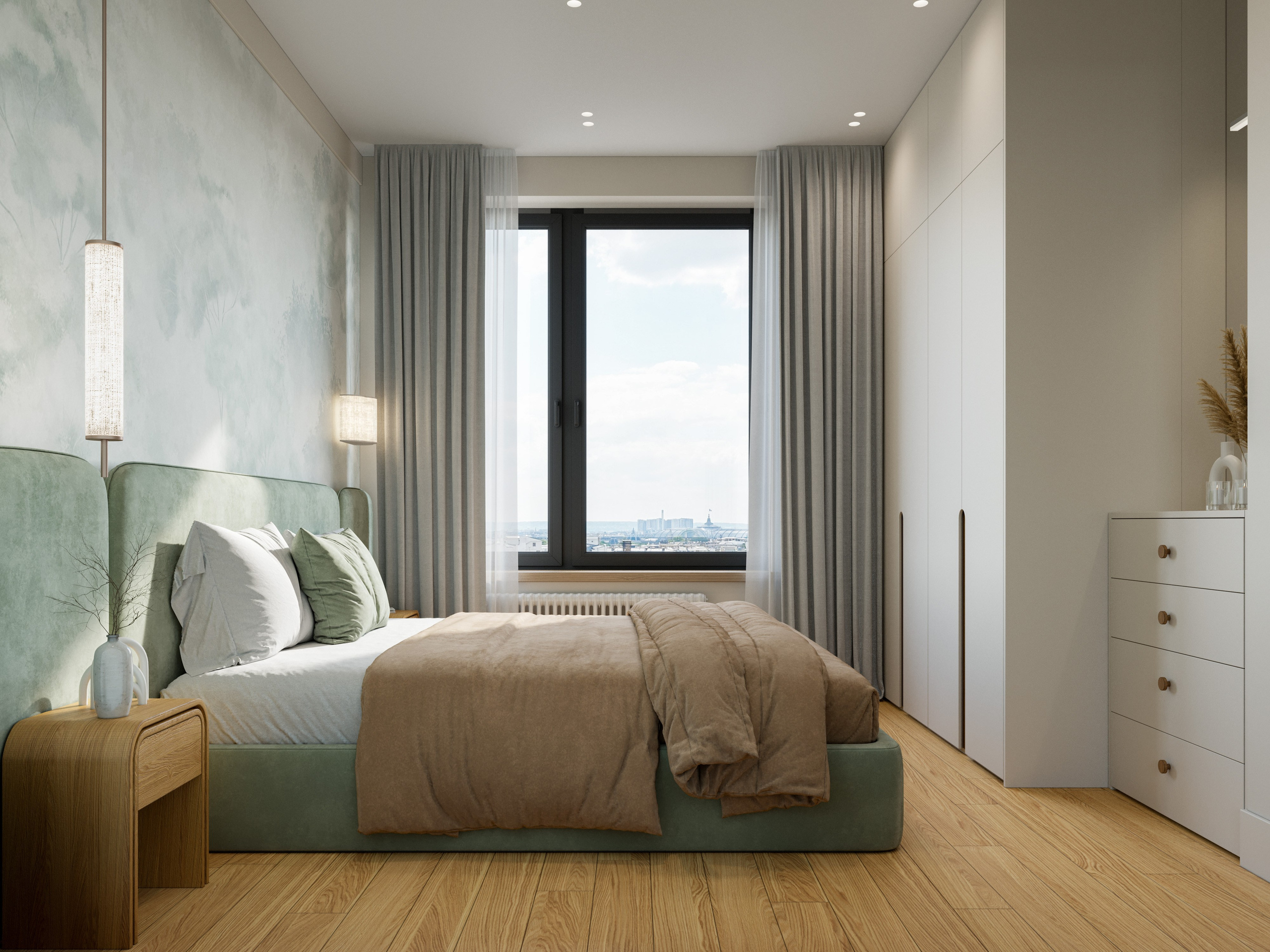 Минималистичная спальня с зелёным изголовьем и встроенными шкафами - 3D визуализация