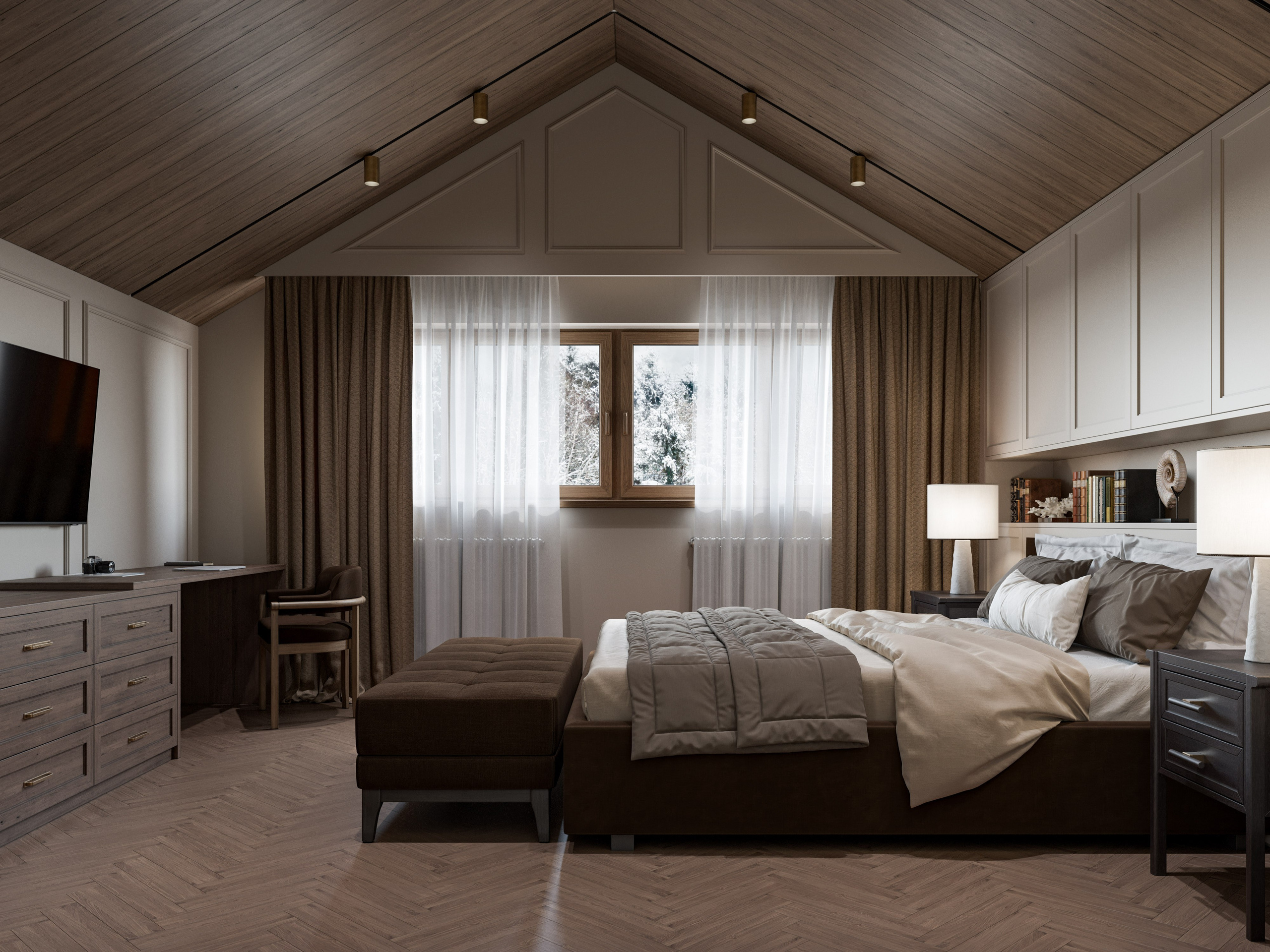 3D визуализация мансардной спальни в доме из сруба с скошенными потолками