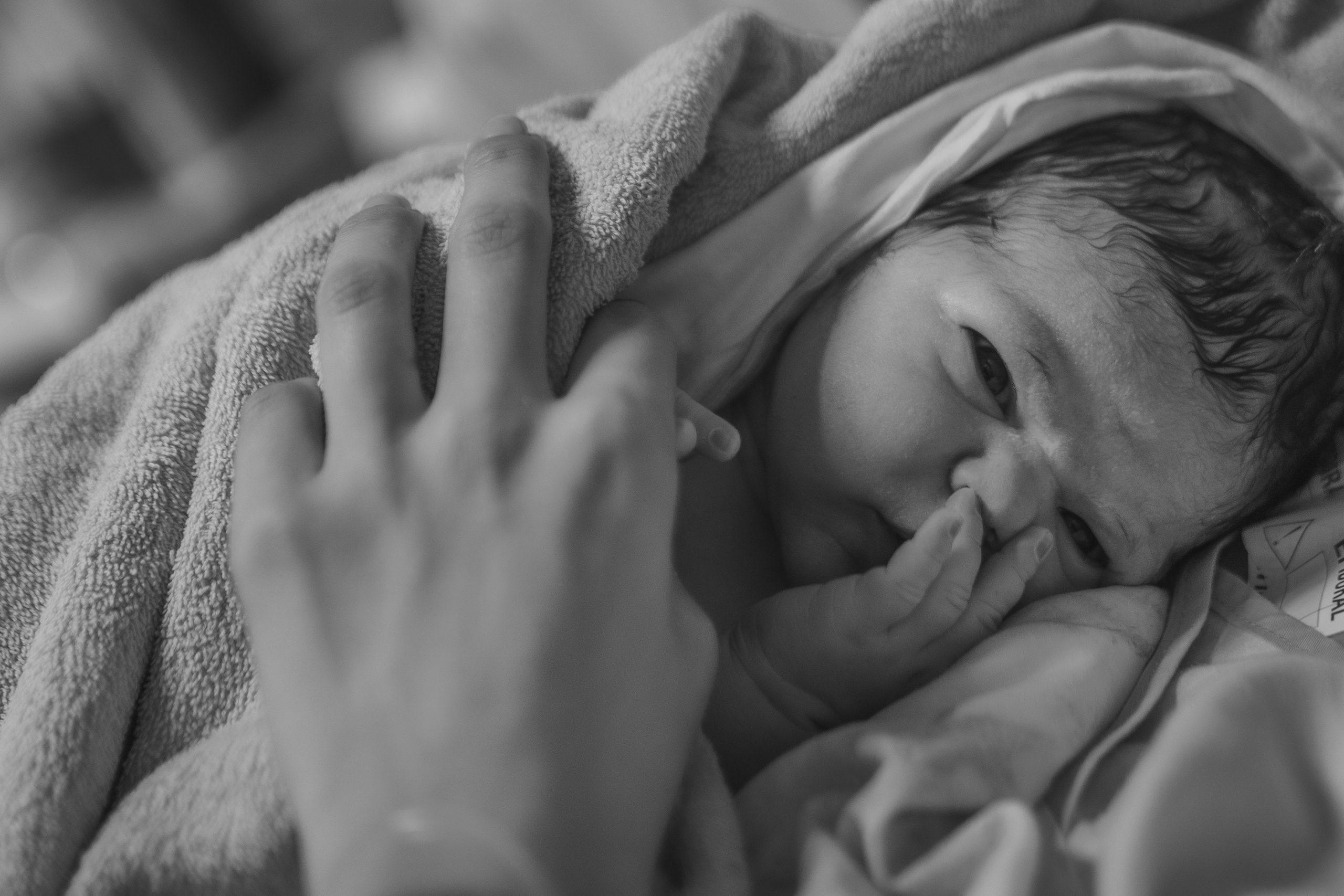 Black and white newborn portrait; gentle hand comforting baby's face after birth; Austin birth photography by Anny Smirnova.