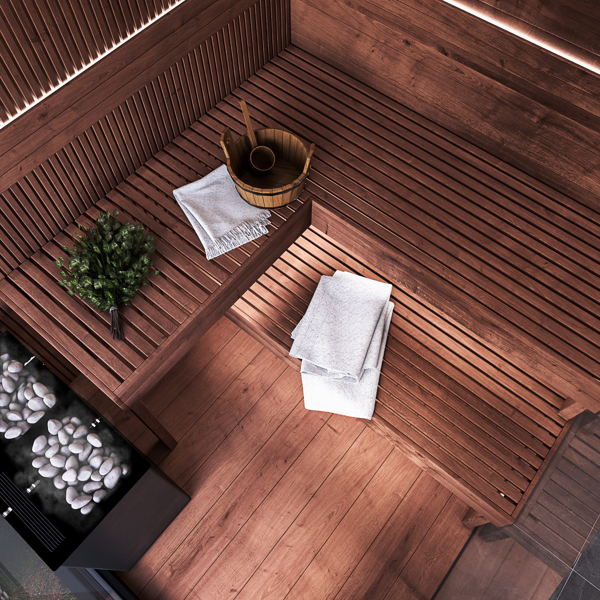 Рендер вида сверху на деревянные полки сауны с полотенцами, шайкой и веником рядом с каменкой