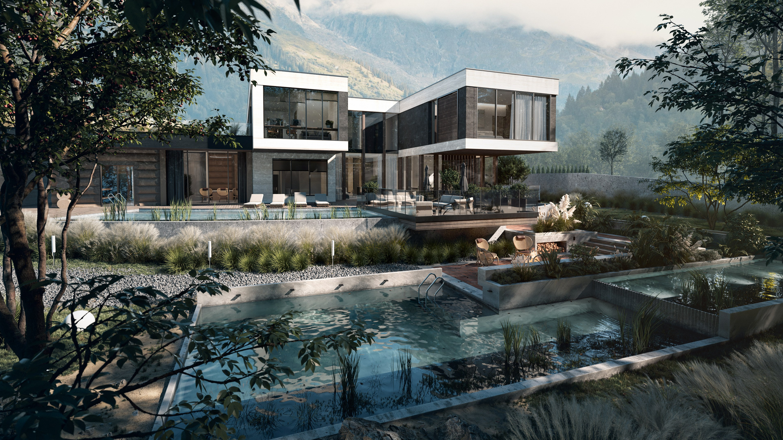 Визуализация экстерьера современного комплекса базы отдыха с природным окружением и бассейном