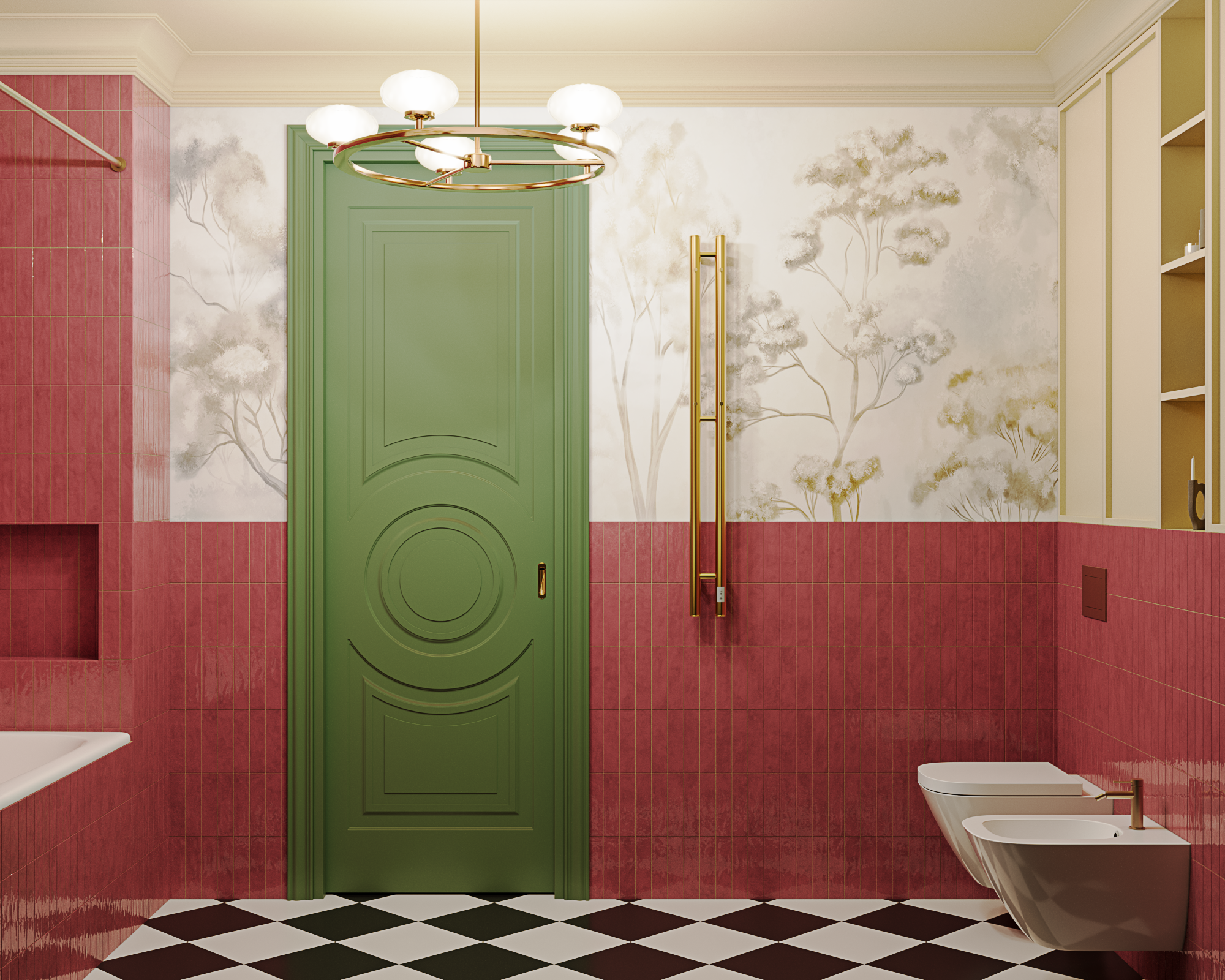 Вид на дверь в ванной комнате, окрашенную в зелёный цвет, с окружающей розовой плиткой