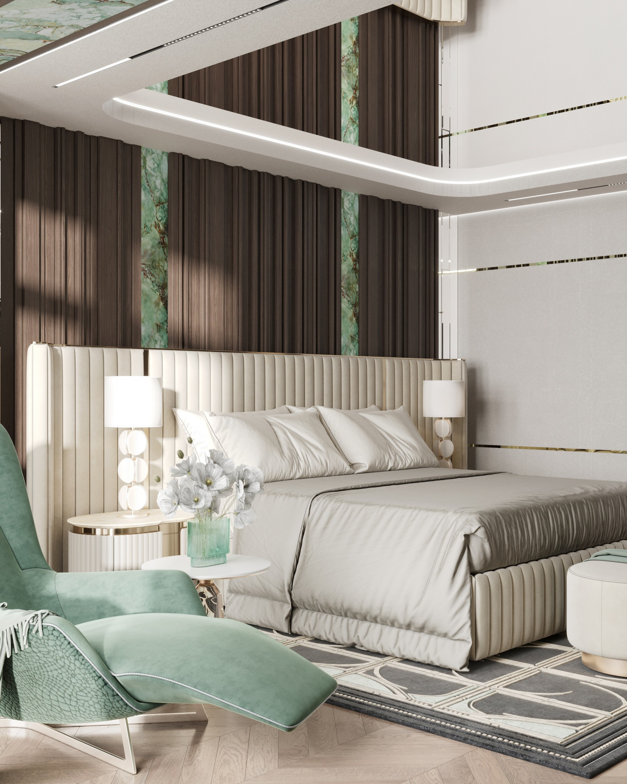 Спальня с мягкой бежевой кроватью и зелёным шезлонгом в жилом комплексе Скай