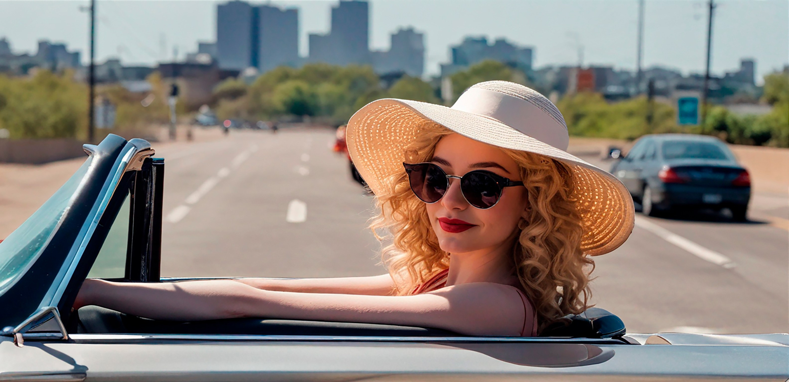A blonde girl in black sunglasses and a hat driving an open car,a happy smile, a sunny day, somewhere in America, our days..