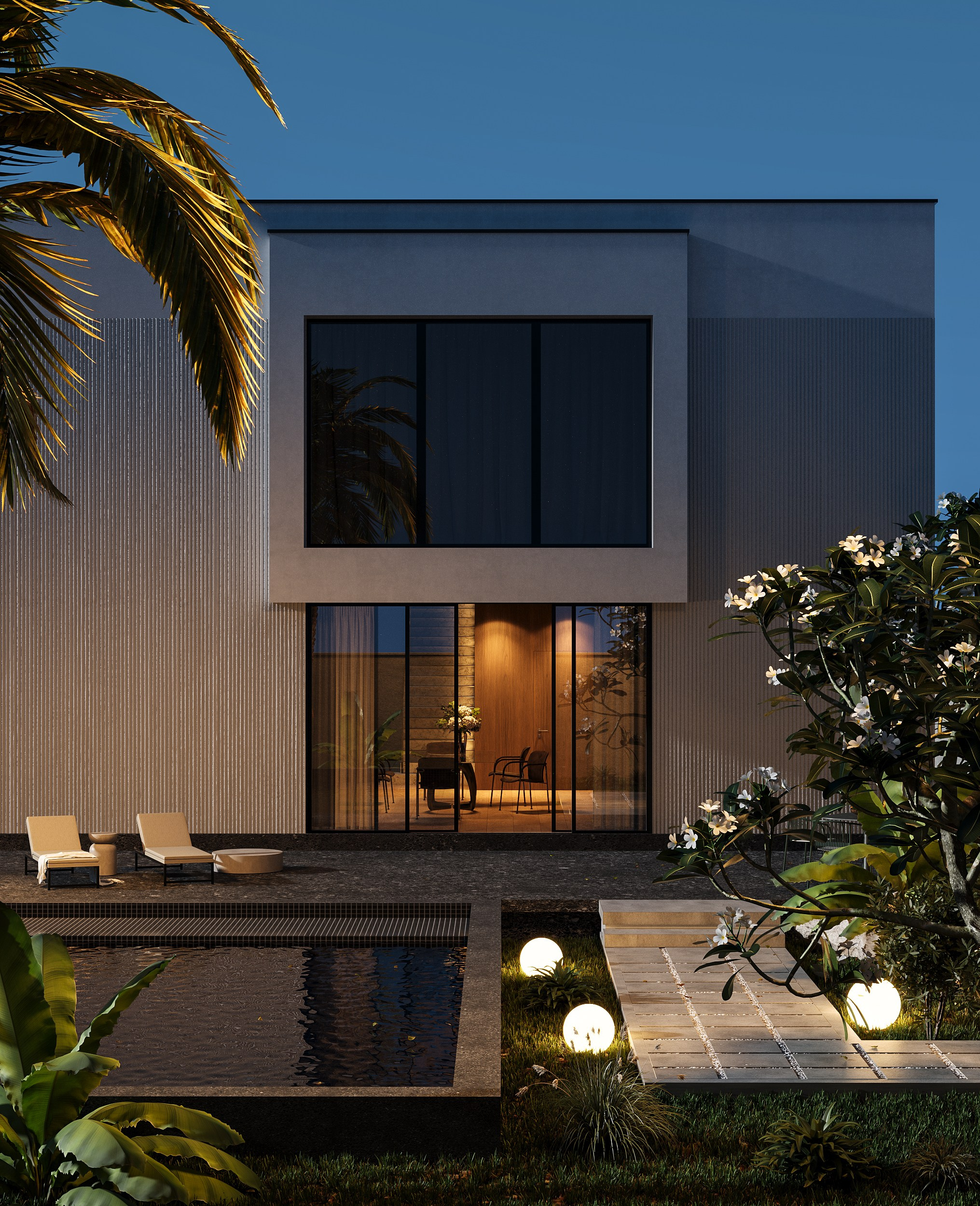 3д визуализация экстерьера виллы с бассейном в современном стиле 