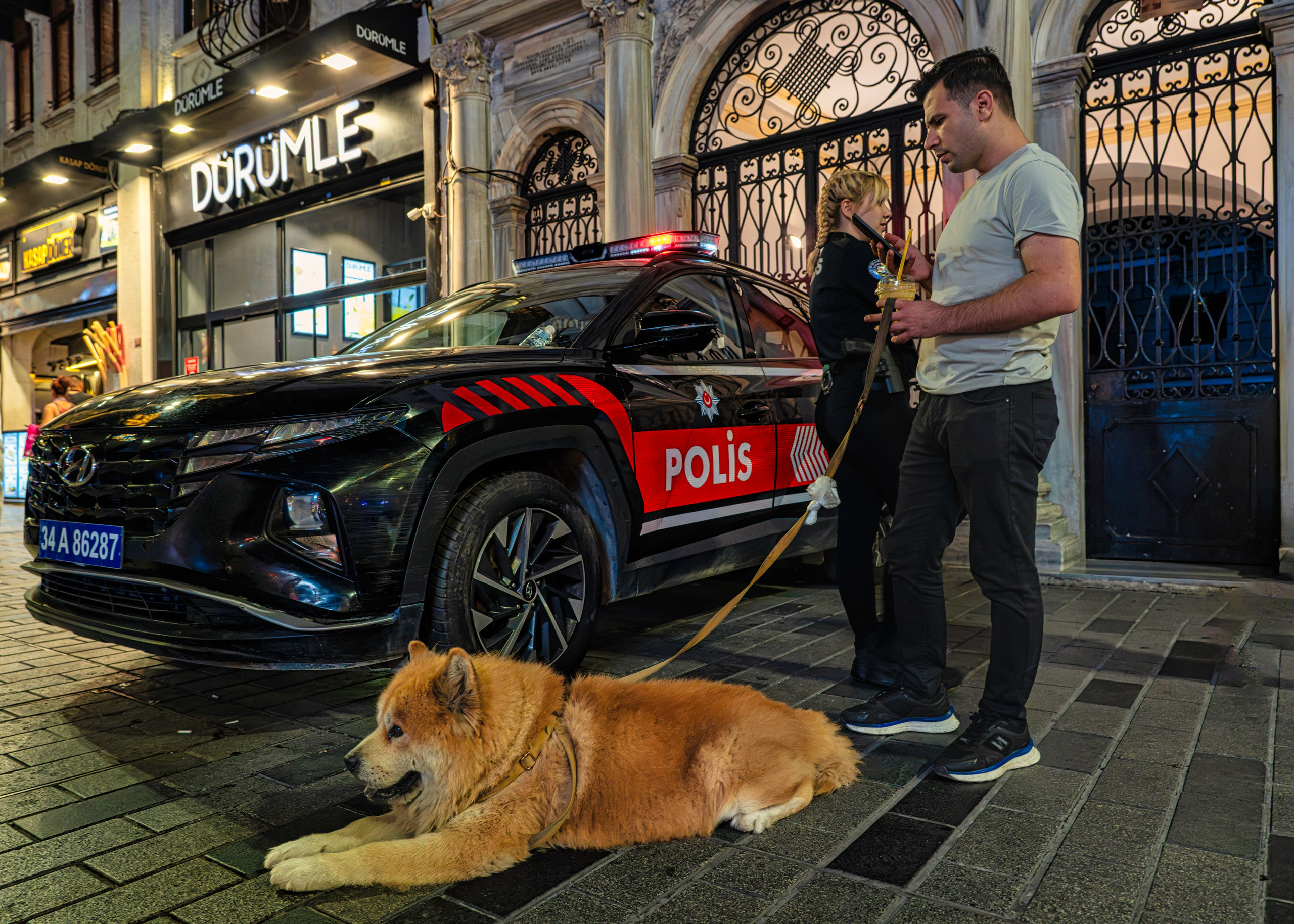 Istiklal Street at night in Istanbul, police car and dog, street photography.