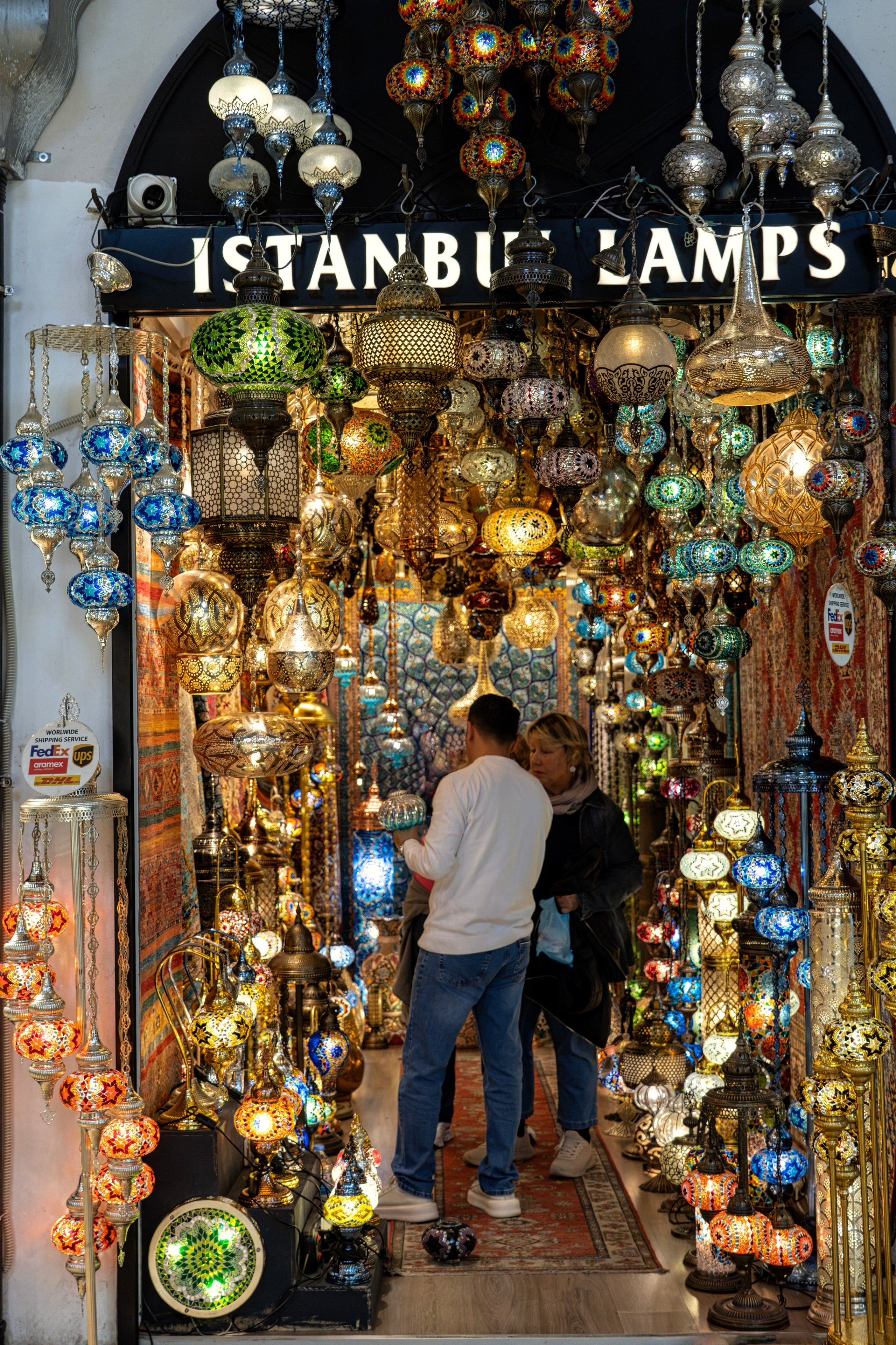 Lamp shop at the Grand Bazaar in Istanbul, mosaic lamps and stained glass, street photography.