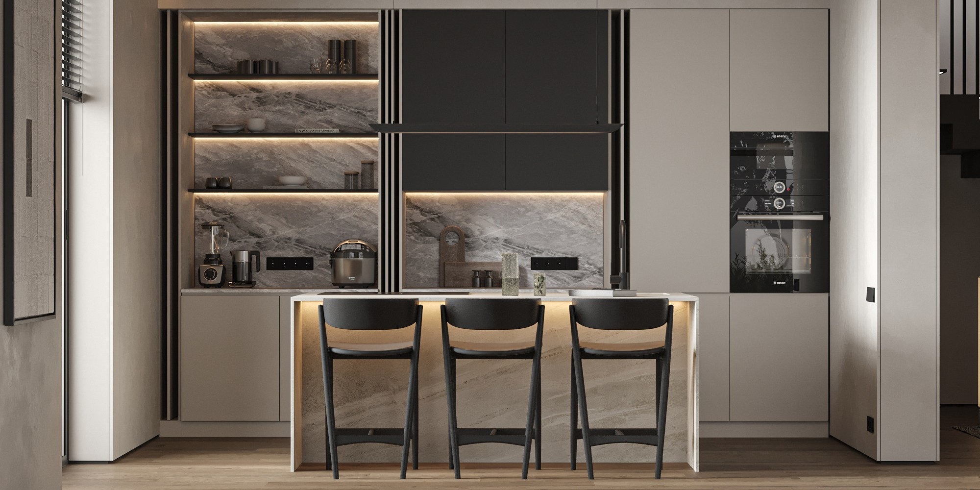 Кухня-гостиная ЖК «Паруса мечты». 3D визуализация интерьера Надежда Соколова