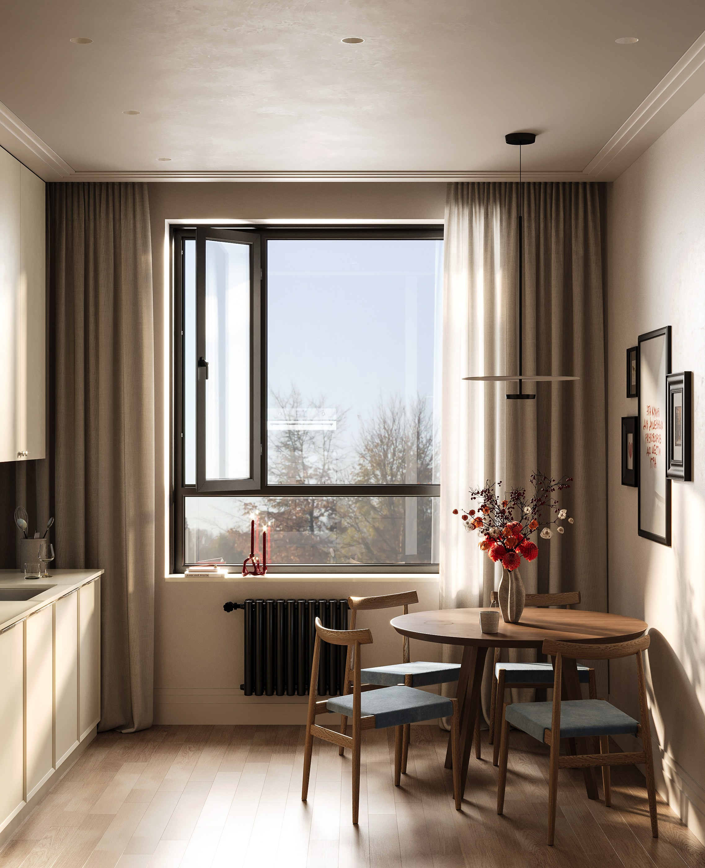 Кухня в оттенке сливочного масла в осенний день. Дизайн и визуализация выполнены мной. 3D Визуализация