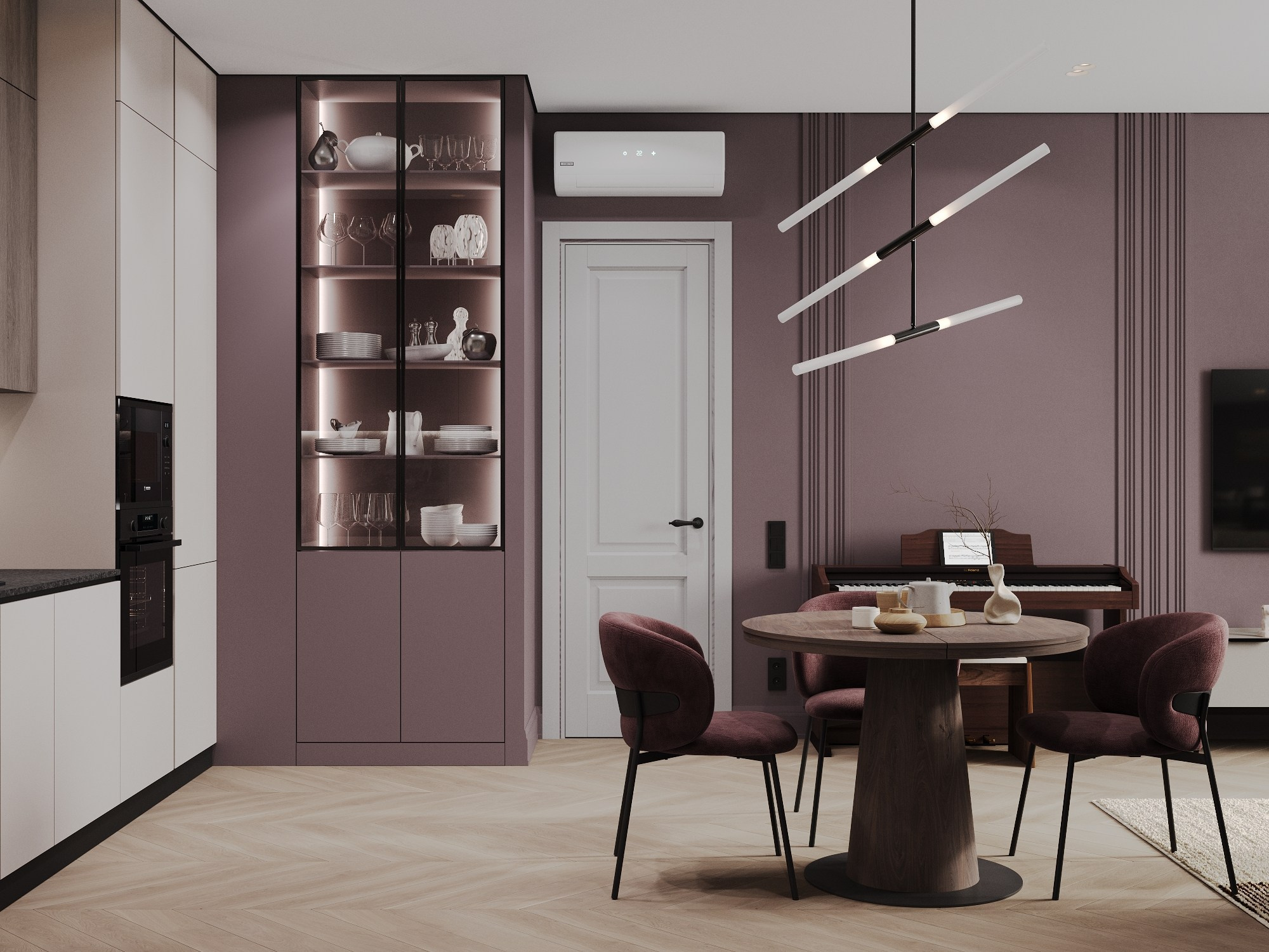 дизайн интерьера кухни-гостиной в сложных сливовых тонах, серый диван и зеркало у обеденного стола, кухня в современном стиле