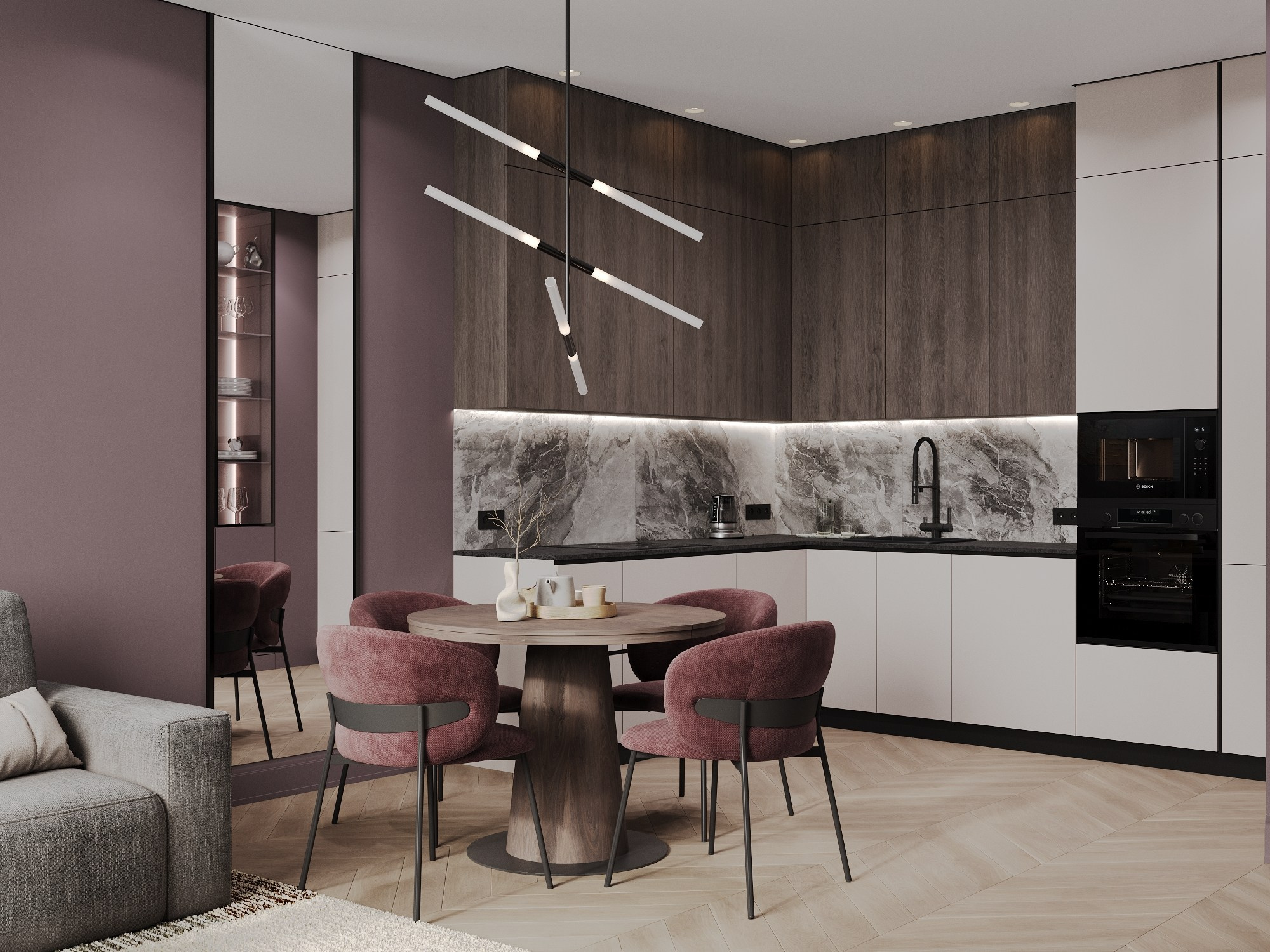 дизайн интерьера кухни-гостиной в сложных сливовых тонах, серый диван и зеркало у обеденного стола, кухня в современном стиле