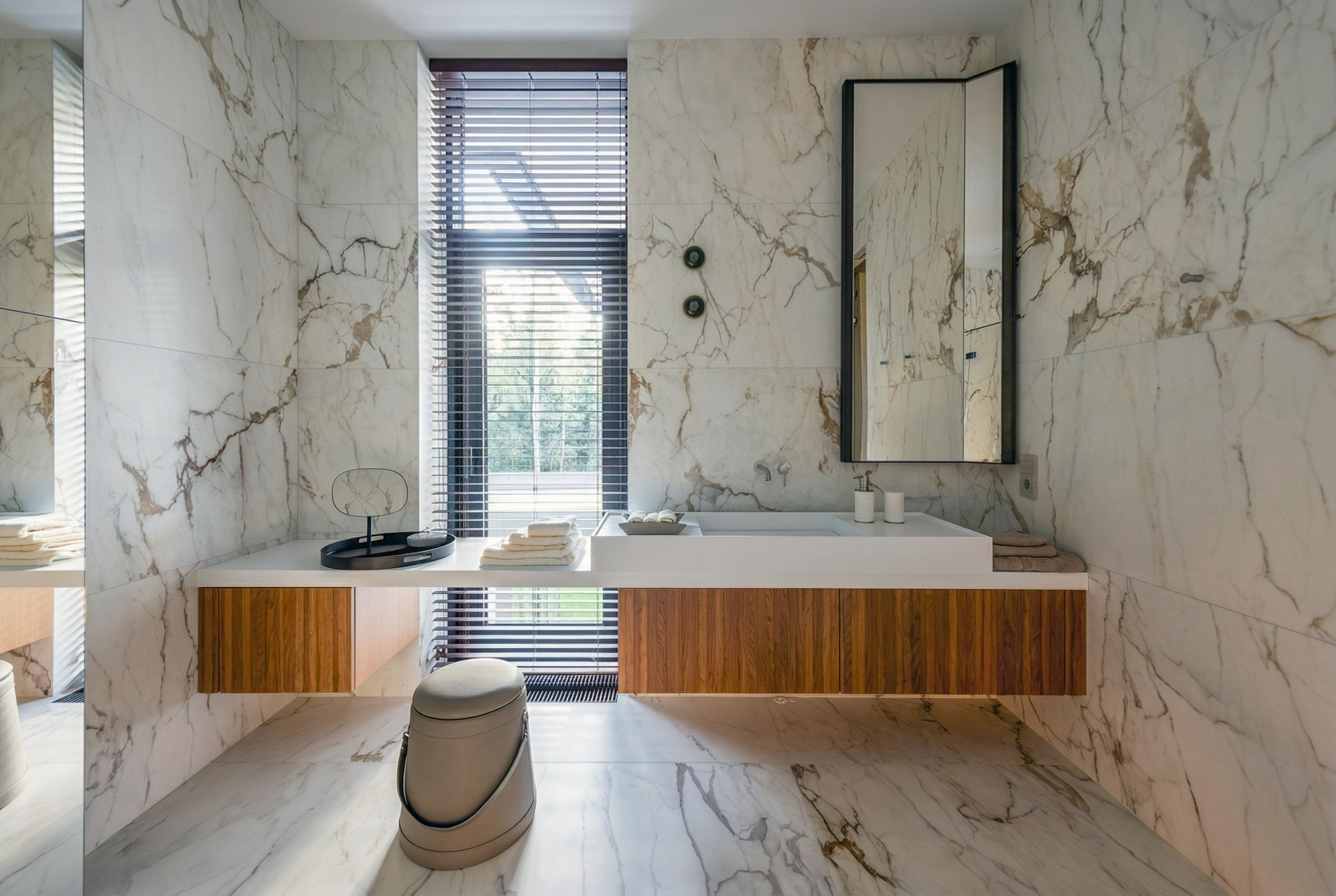 Премиальный интерьер мастер-ванной с мраморной отделкой, парящей консолью из ореха и панорамным окном, проект Валерии Котович, дом 1240 м² в Подмосковье.