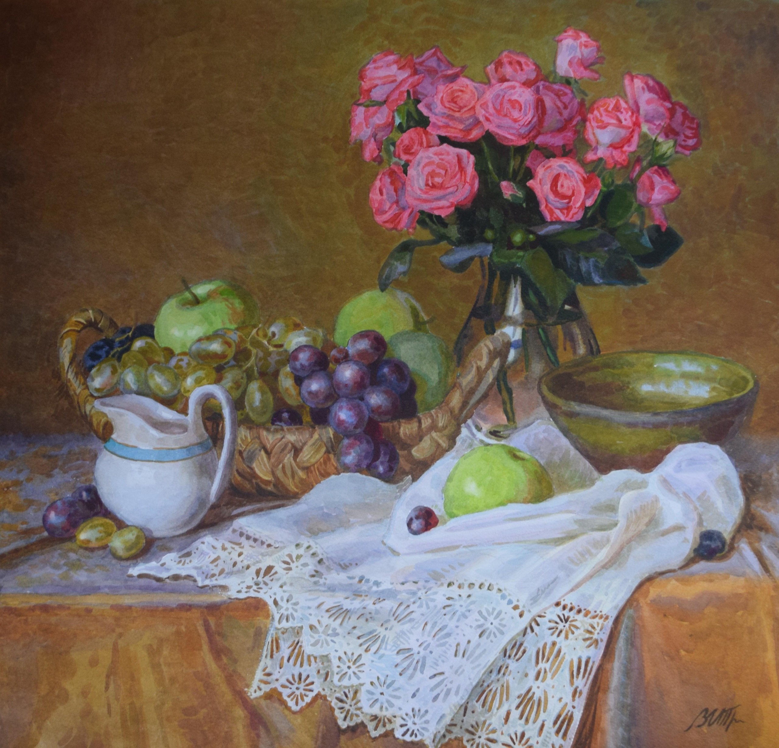 «Виноград и розы» 57 на 54 см. 2019 г. бумага акварель. 6000 р.