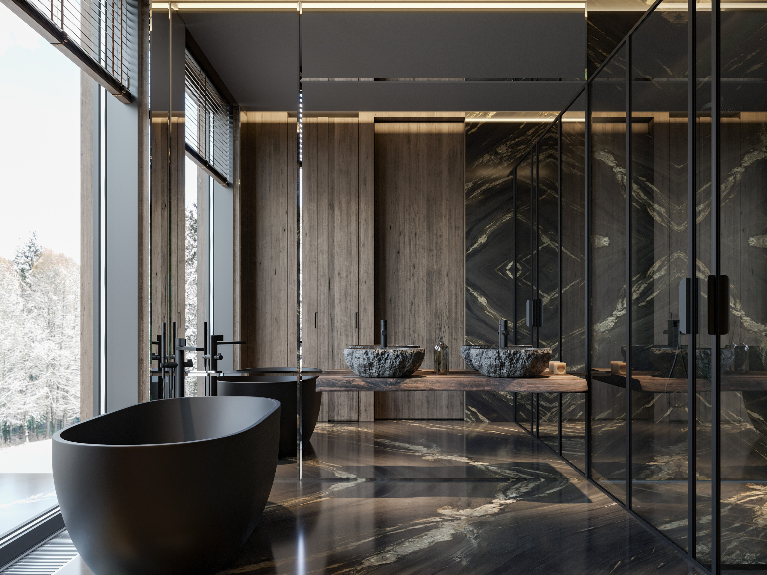 Ванная комната с темной плиткой и деревянными акцентами в минималистичном дизайне