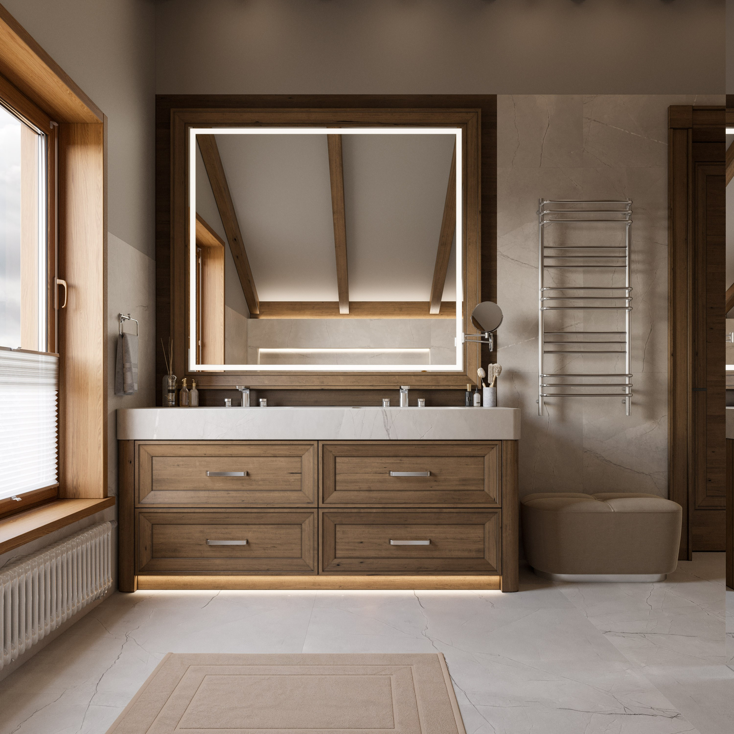 Современный санузел в бревенчатом доме с раковиной на деревянной тумбе и большим зеркалом в деревянной раме