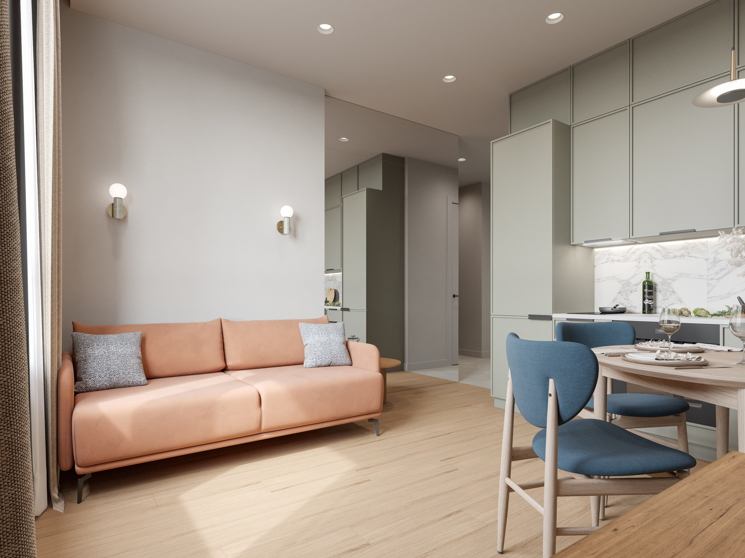 Зонирование кухни-гостиной с помощью цвета и мебели в минималистичной квартире