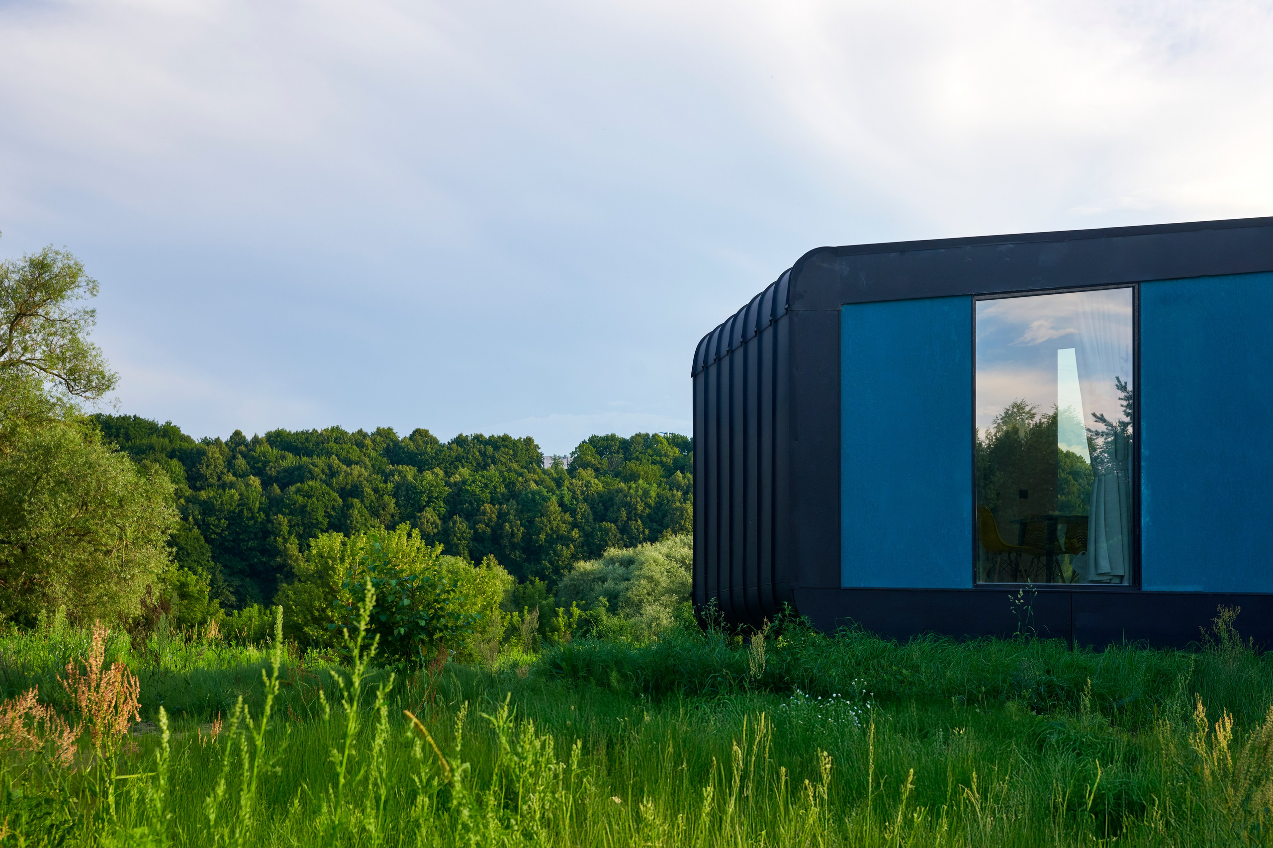 Чёрный модуль на фоне зелени, панорамное остекление