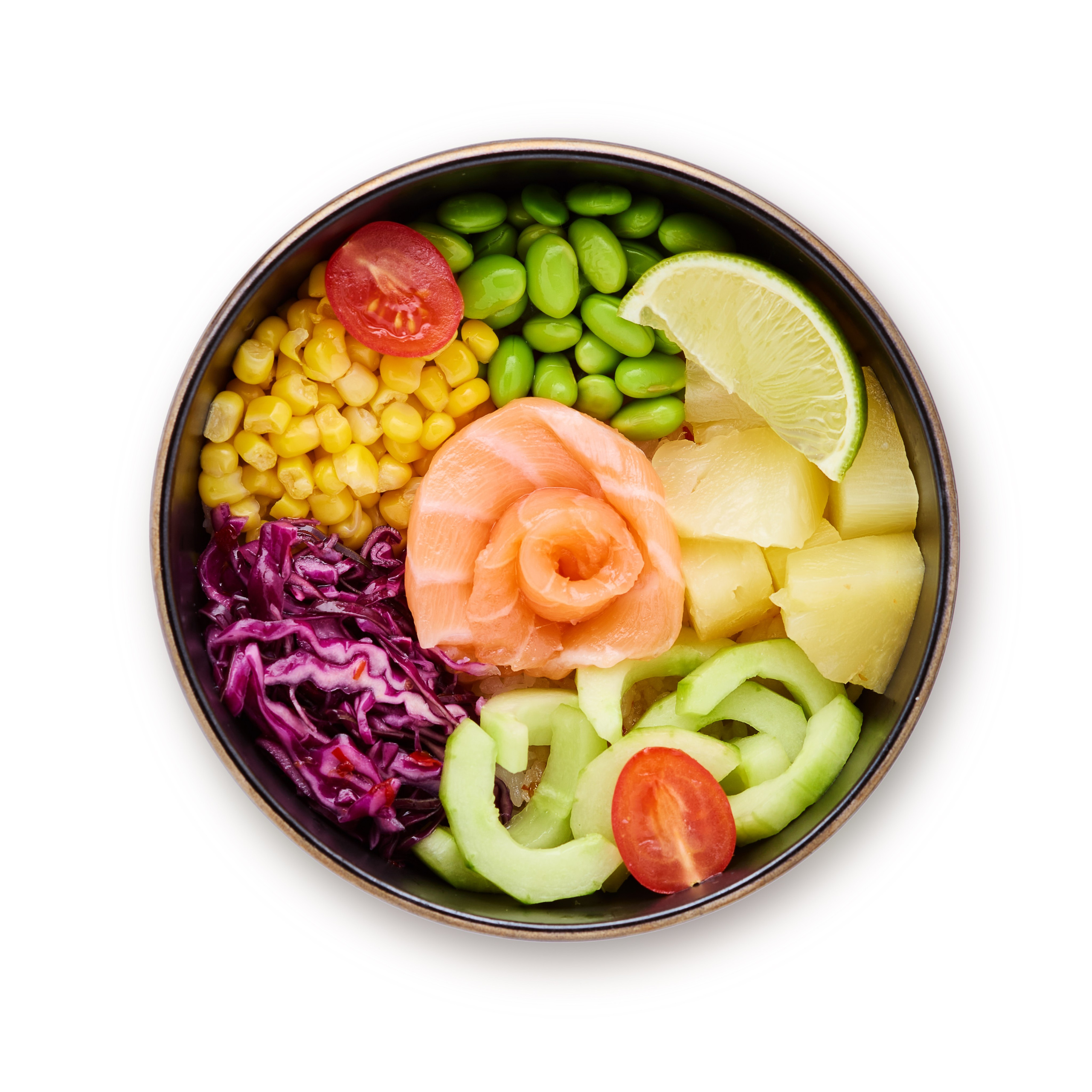 Пока с лососем - Нежный лосось, японский рис, кукуруза, ананас, огурец, красная капуста, бобы эдамаме, соус унаги