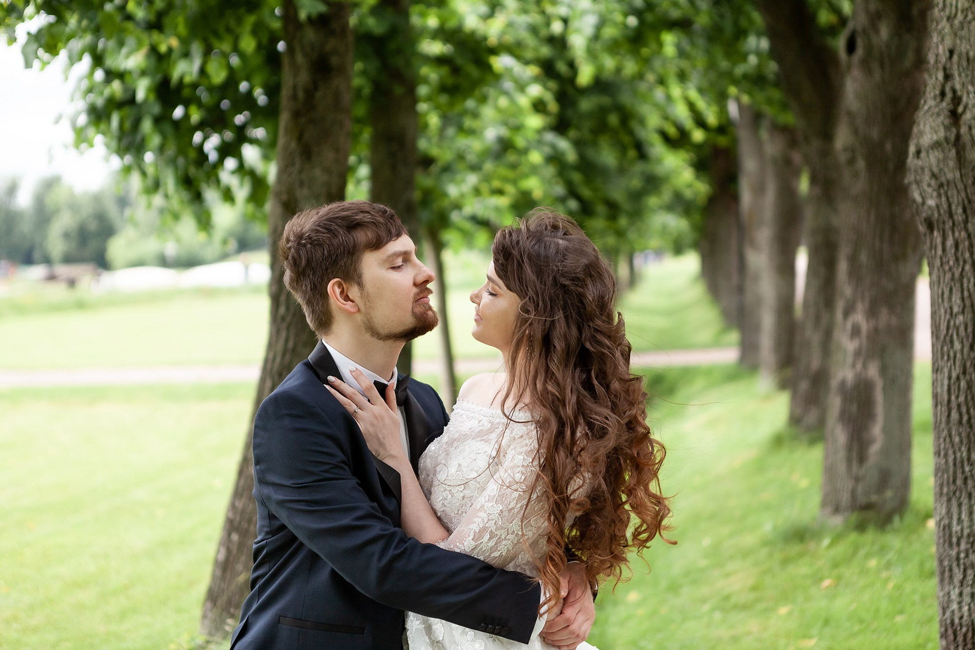 Молодожены на аллее деревьев