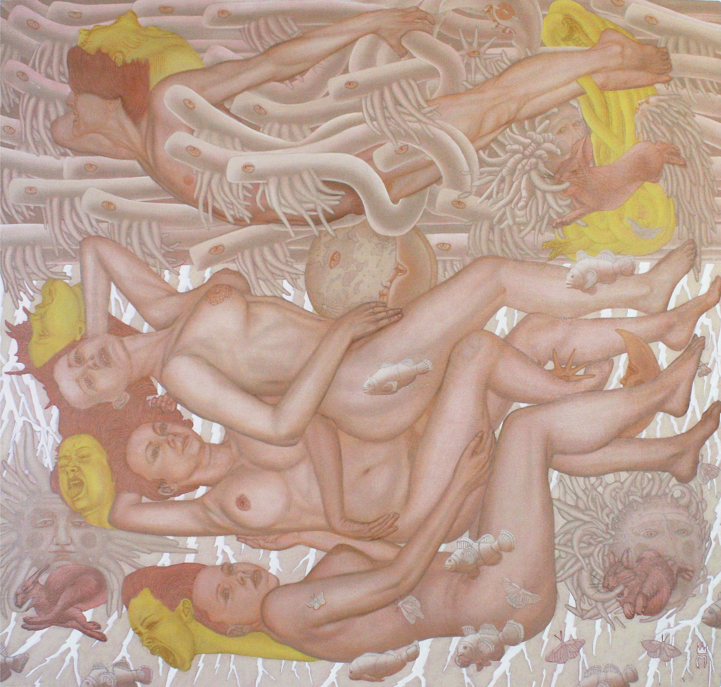 Преследуемые жёлтым, бежевые сны, полёт хатифнаттов или кролики крадущие солнца130х120 Х.М 2023 г.