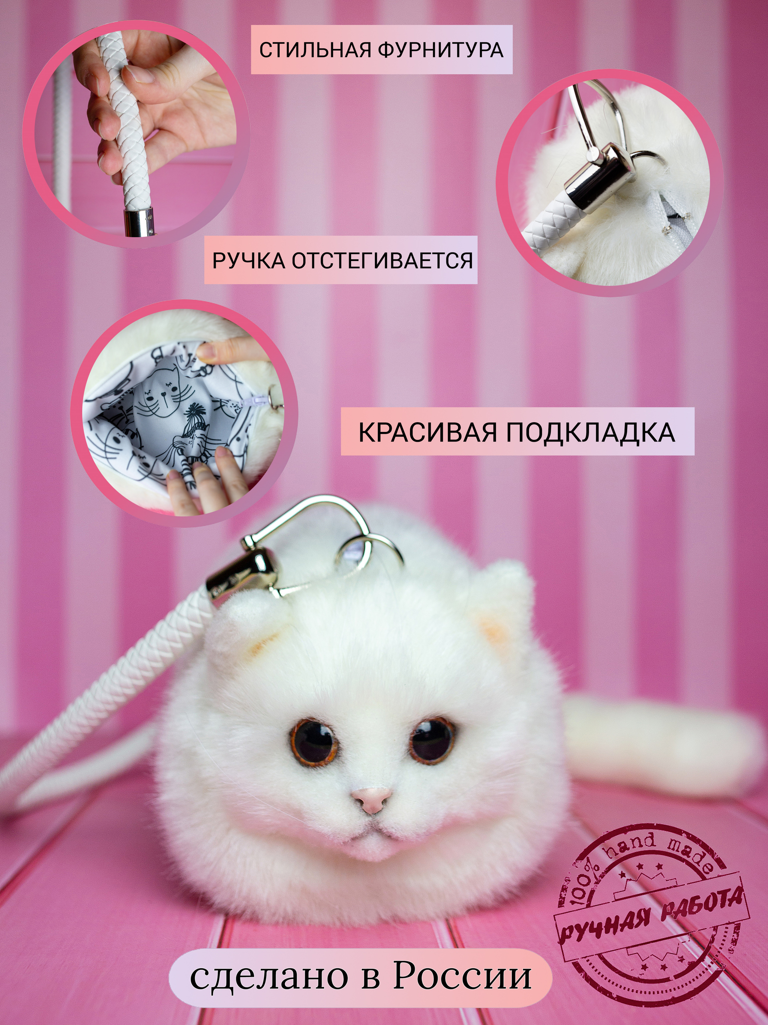 сумка в виде кошки на розовом  фоне с инфографикой 