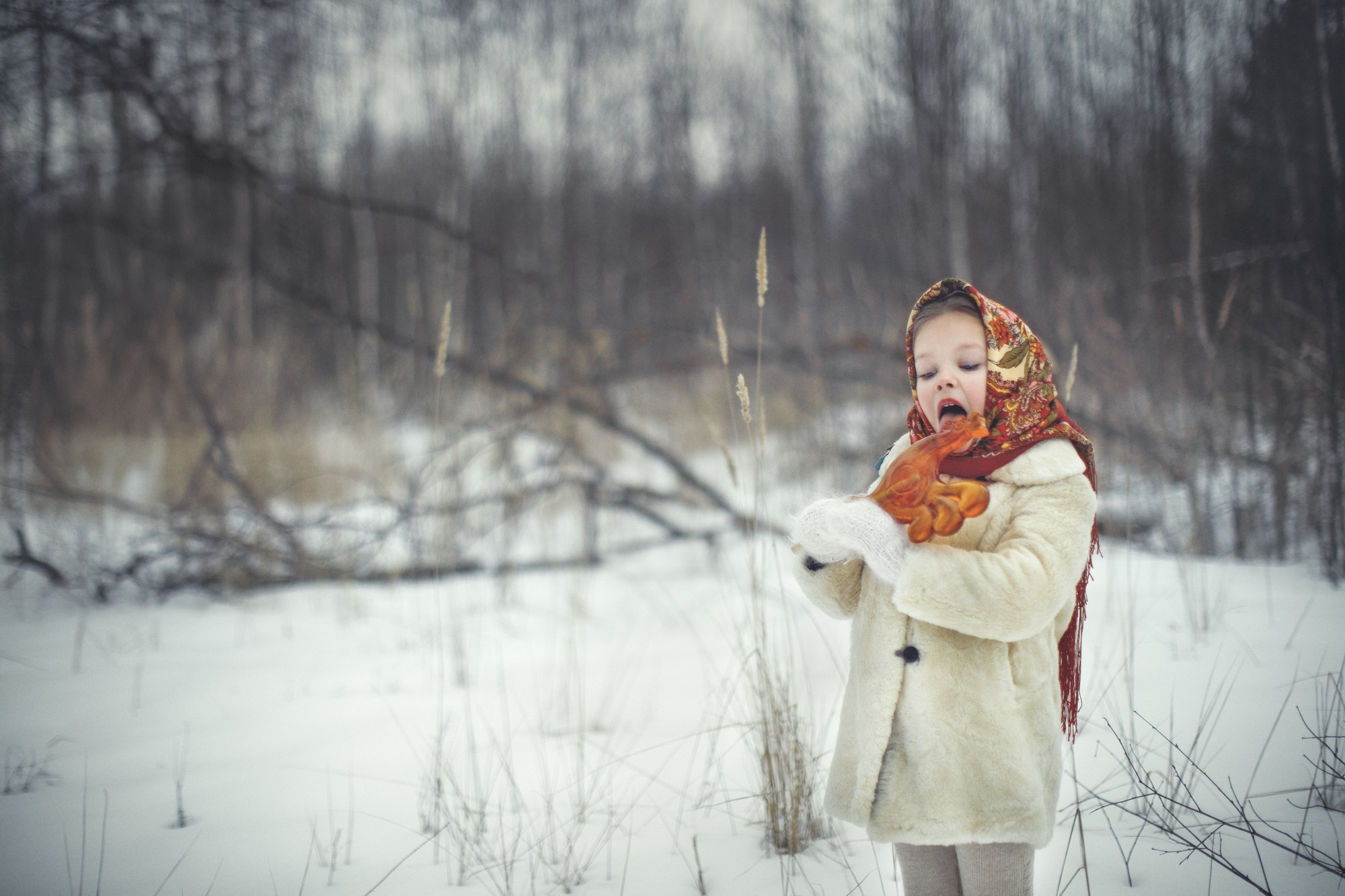 портрет девочки в русско-народном стиле, фотосессия с павловопосадским платком, фото ребенка на природе в зимнее время, ретро одежда на фотосессии, фото ребенка с леденцом петушок на палочке