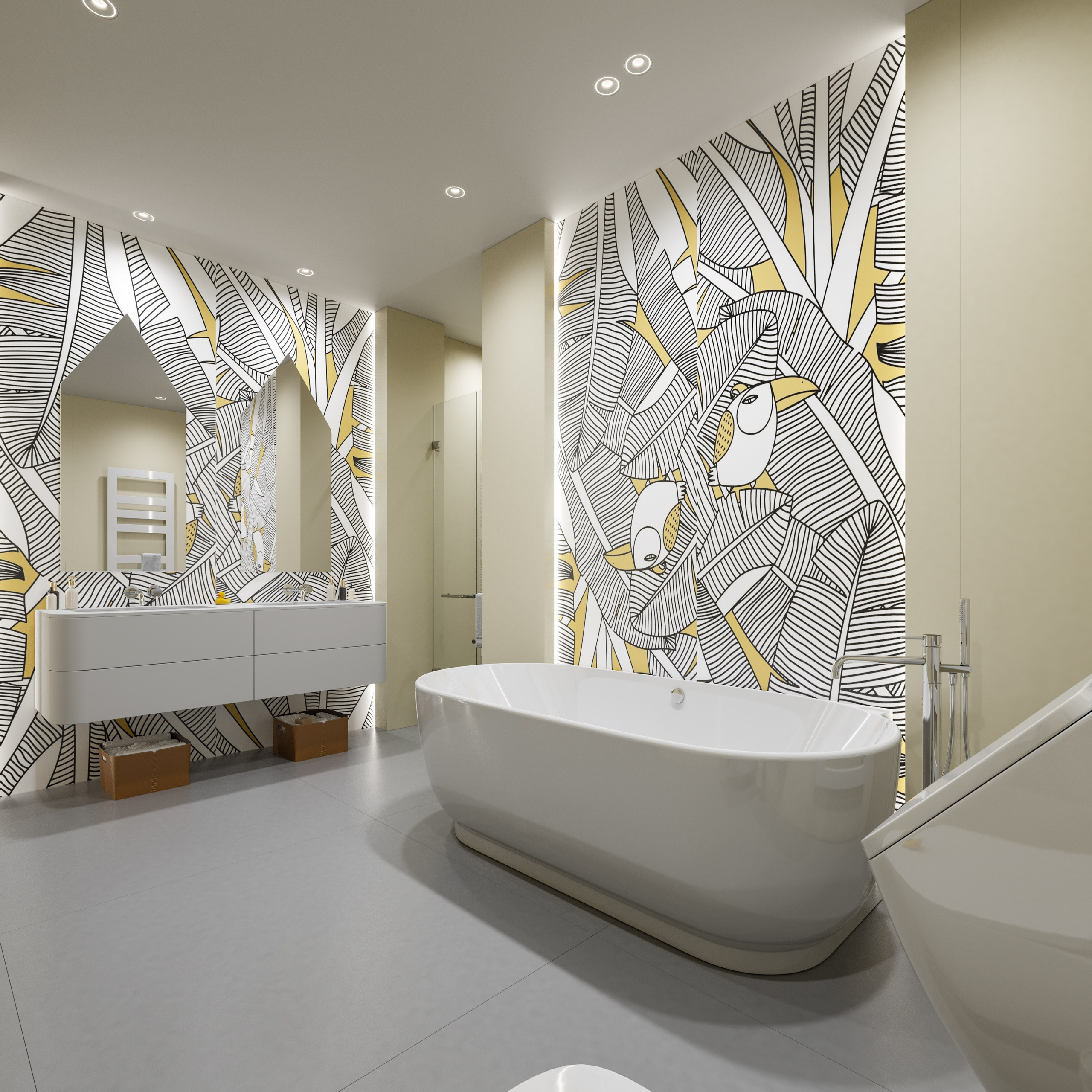 Ванная с овальной ванной и скругленной раковиной в органичном дизайне