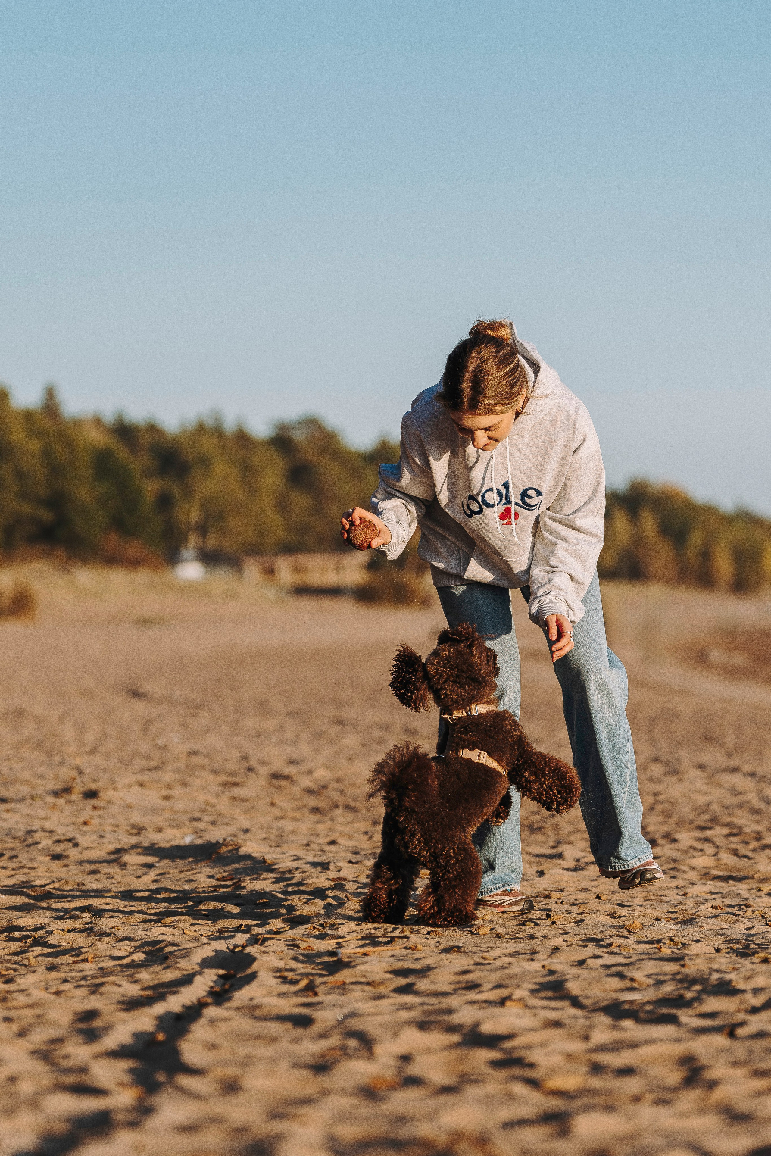 Фотосессия девушки с пуделем на пляже на закате. Фотограф анималист в Спб недорого Олеся Майорова