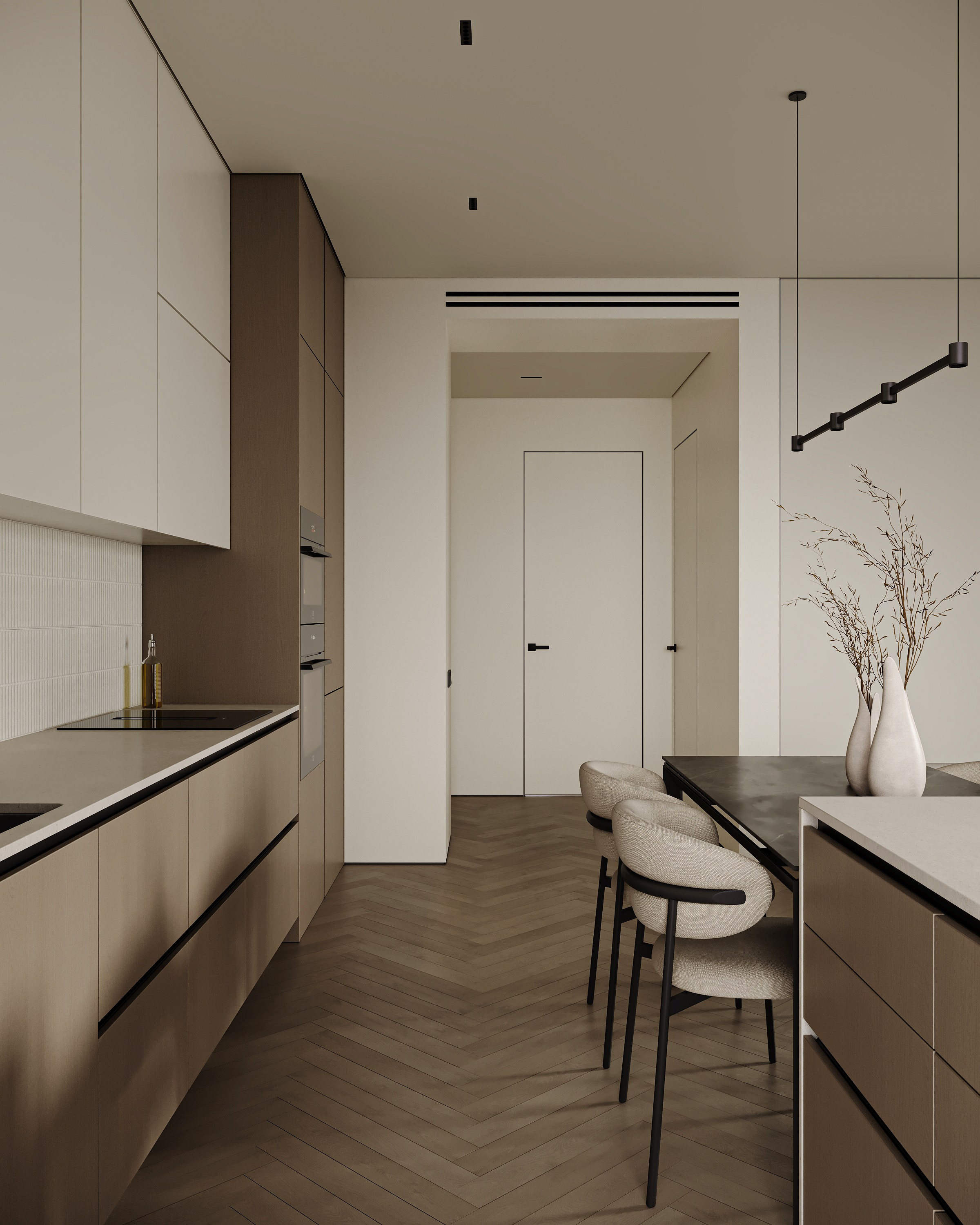 Кухня-гостиная с островом в стиле теплый минимализм