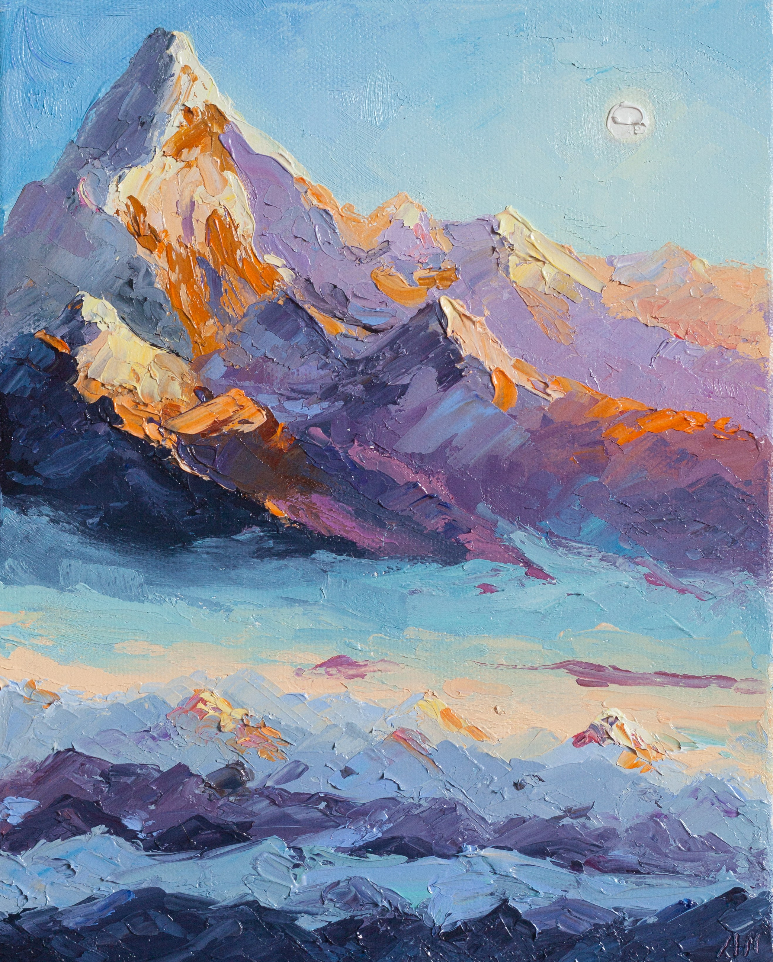 Горы в сиреневых оттенках. Купить картину маслом на холсте в Саратове