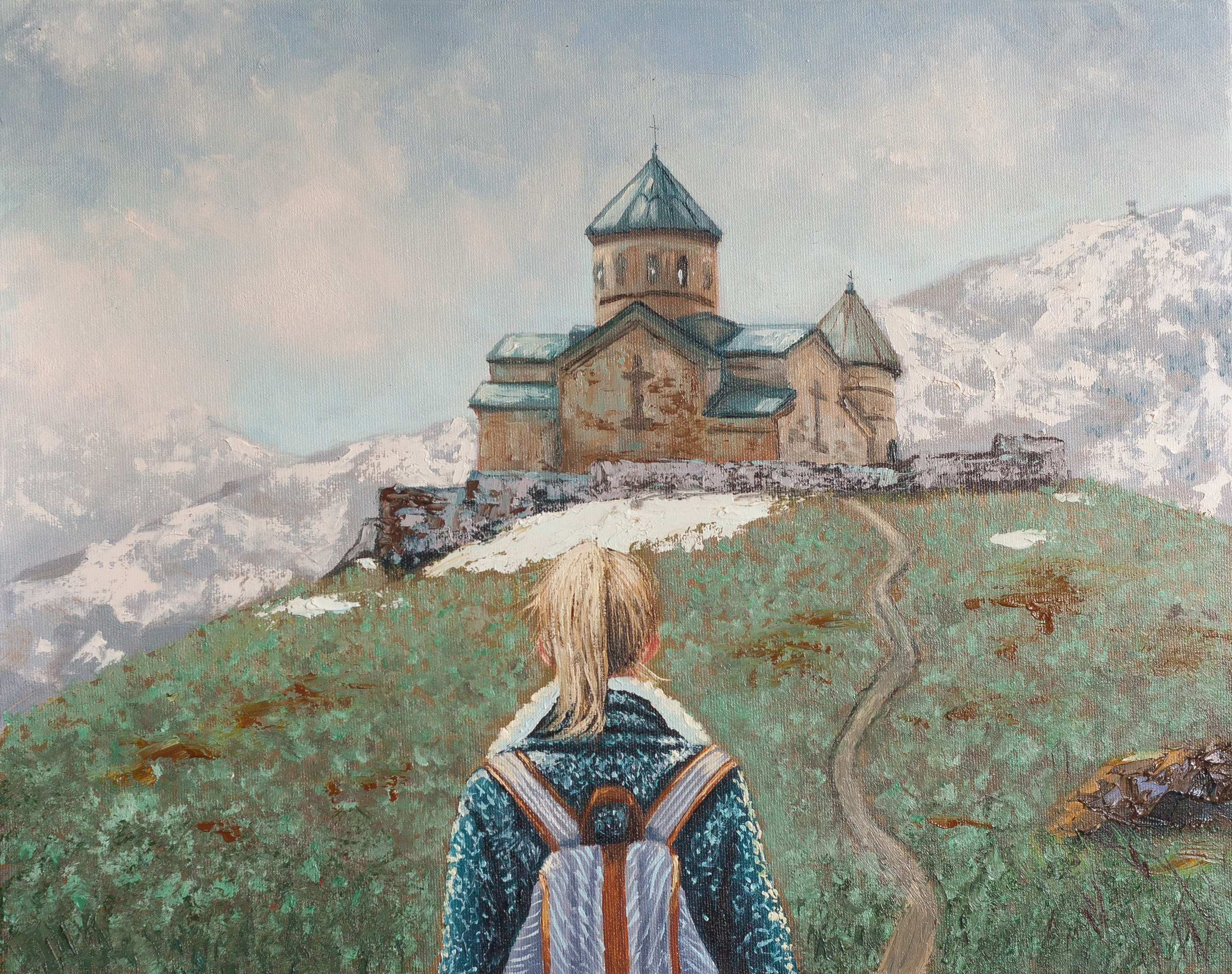 Девушка смотрит на церковь в горах Грузии. Купить картину маслом на холсте в Саратове