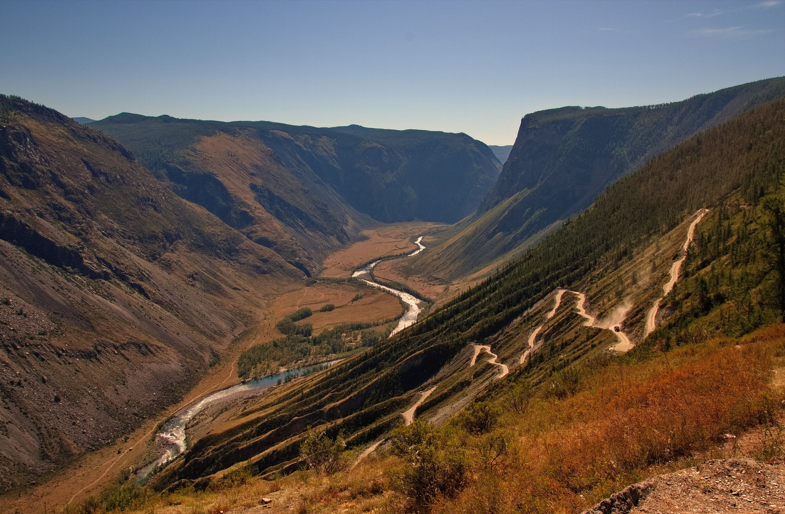 Долина реки Чулышман и дорога к ней по Улаганскому тракту