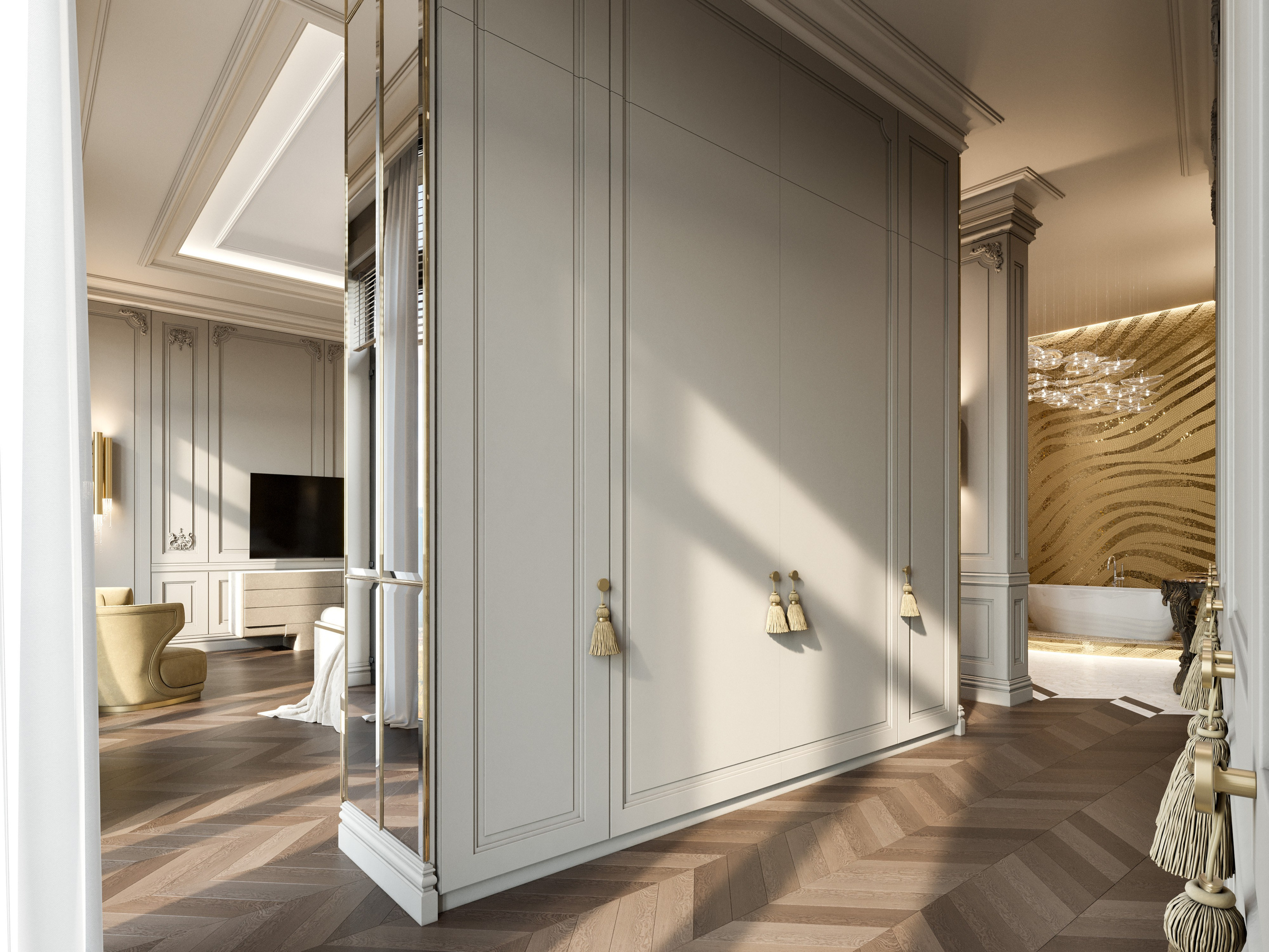 Система хранения с золотой фурнитурой в светлой гардеробной спальни