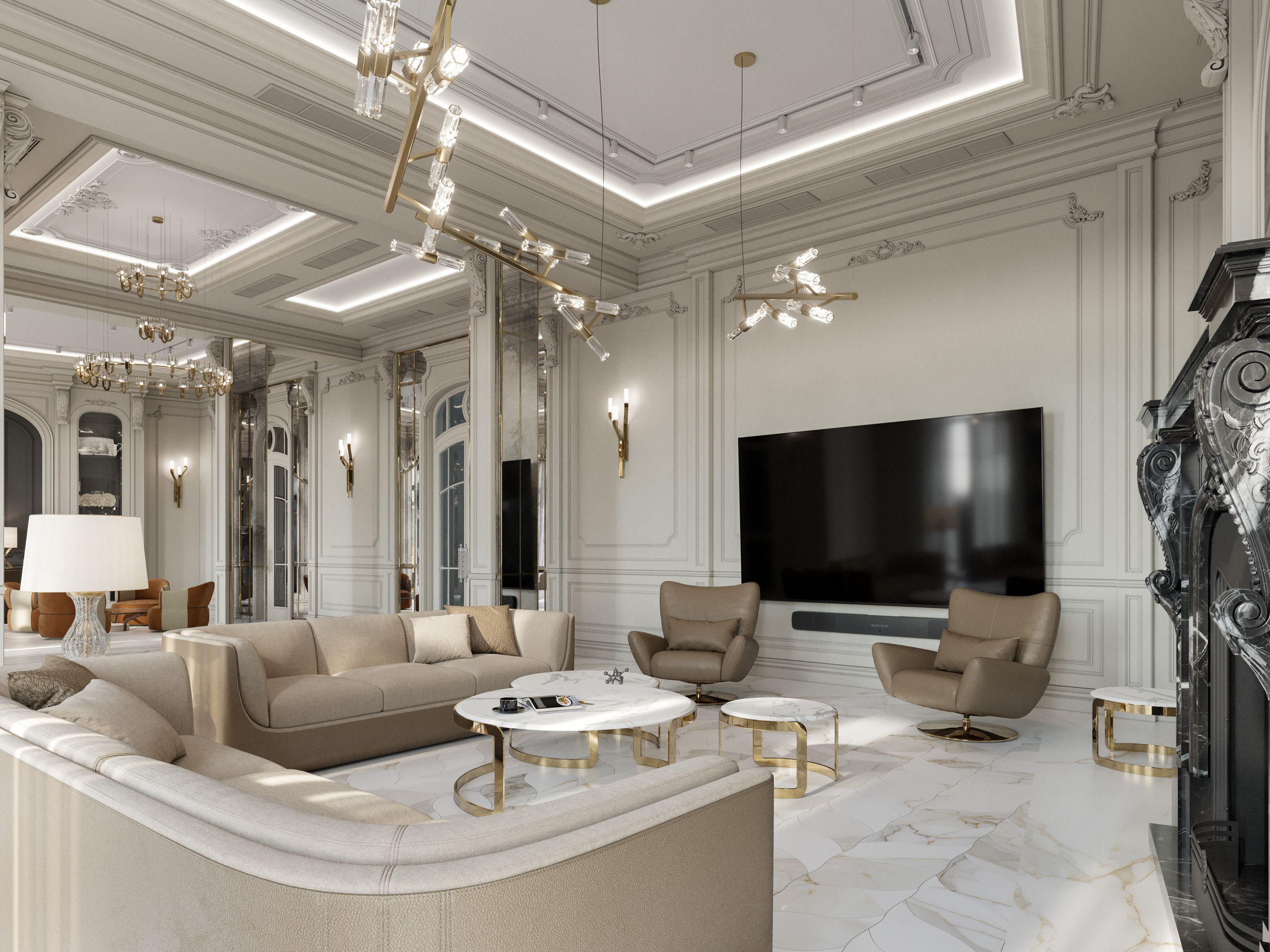 Зона отдыха в гостиной с лепными пилястрами и современными креслами с кожаной обивкой