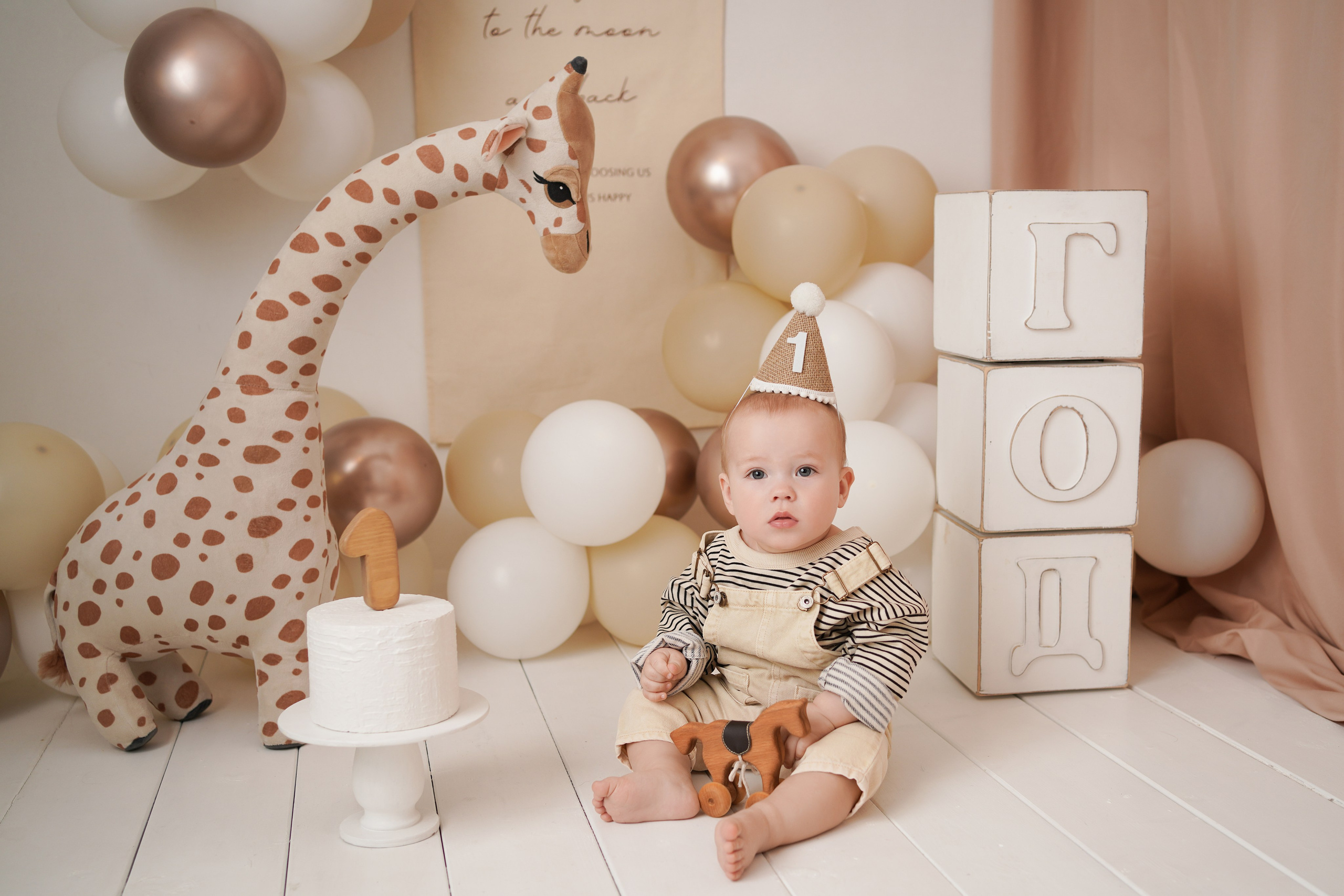 На фото малыш  с тортиком, рядом жираф, единичка. Это фотосессия Первый гогд.