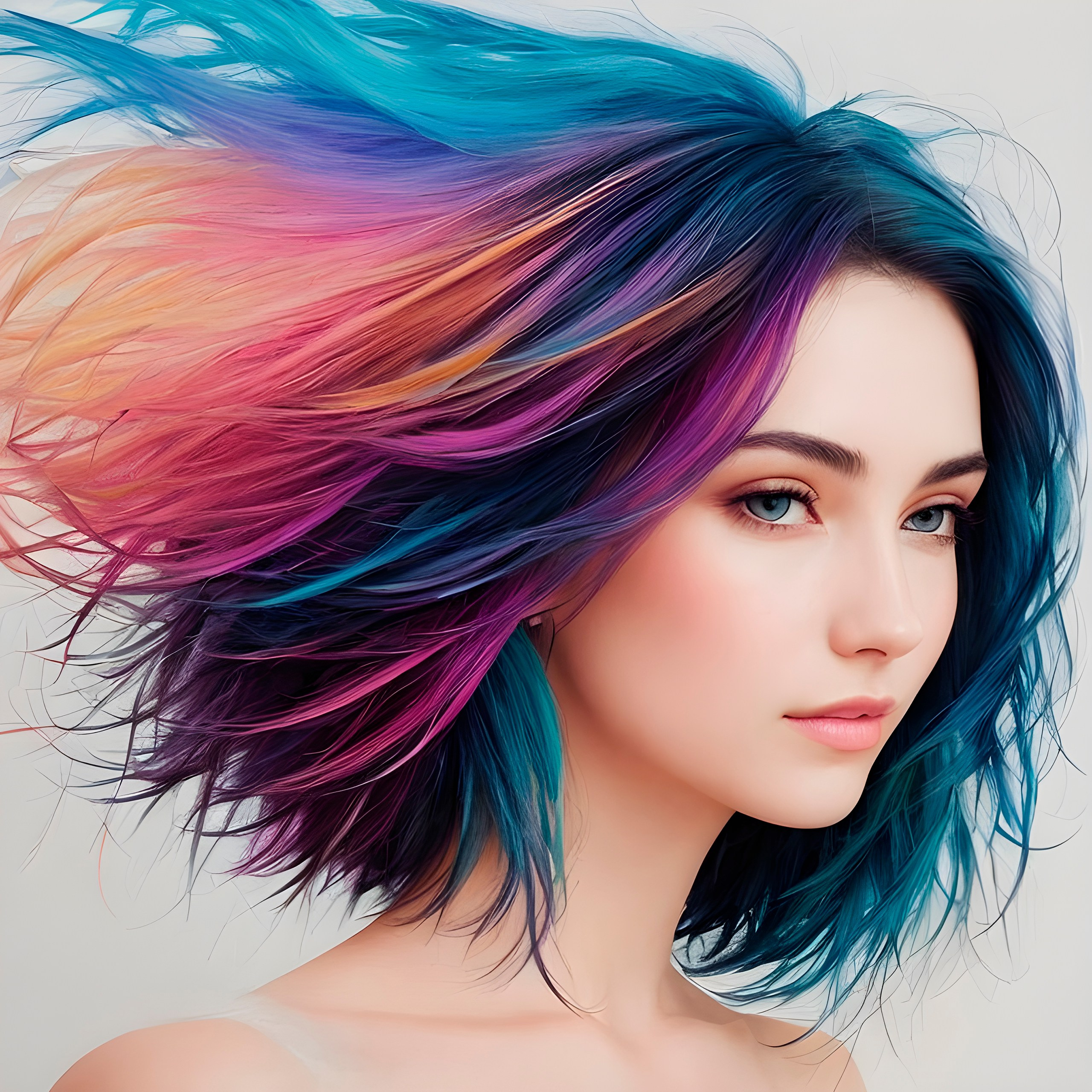 Portrait of a girl with colorful flowing hair,drawing