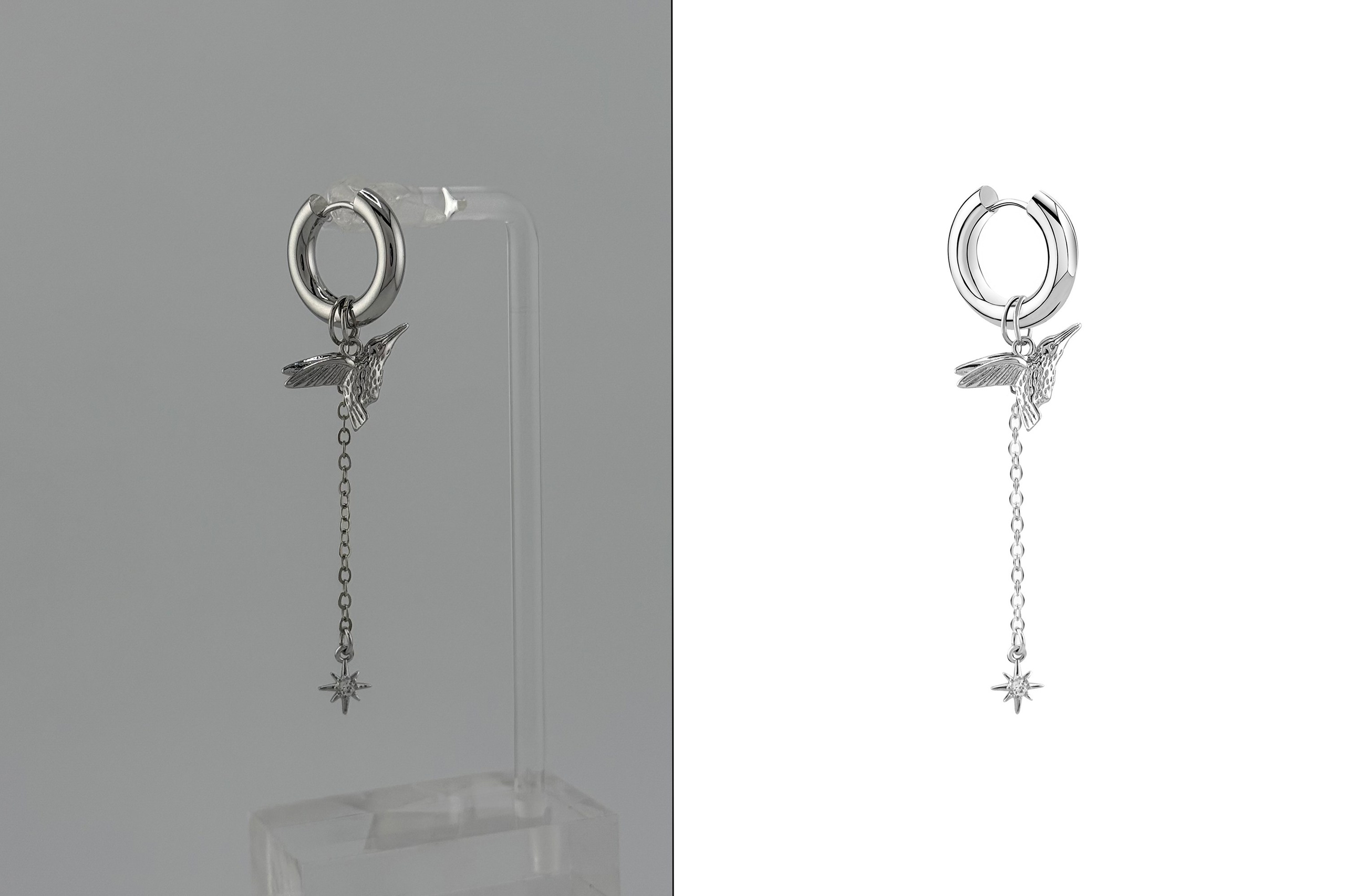 Пример ювелирной ретуши до после ретуши для серьг.