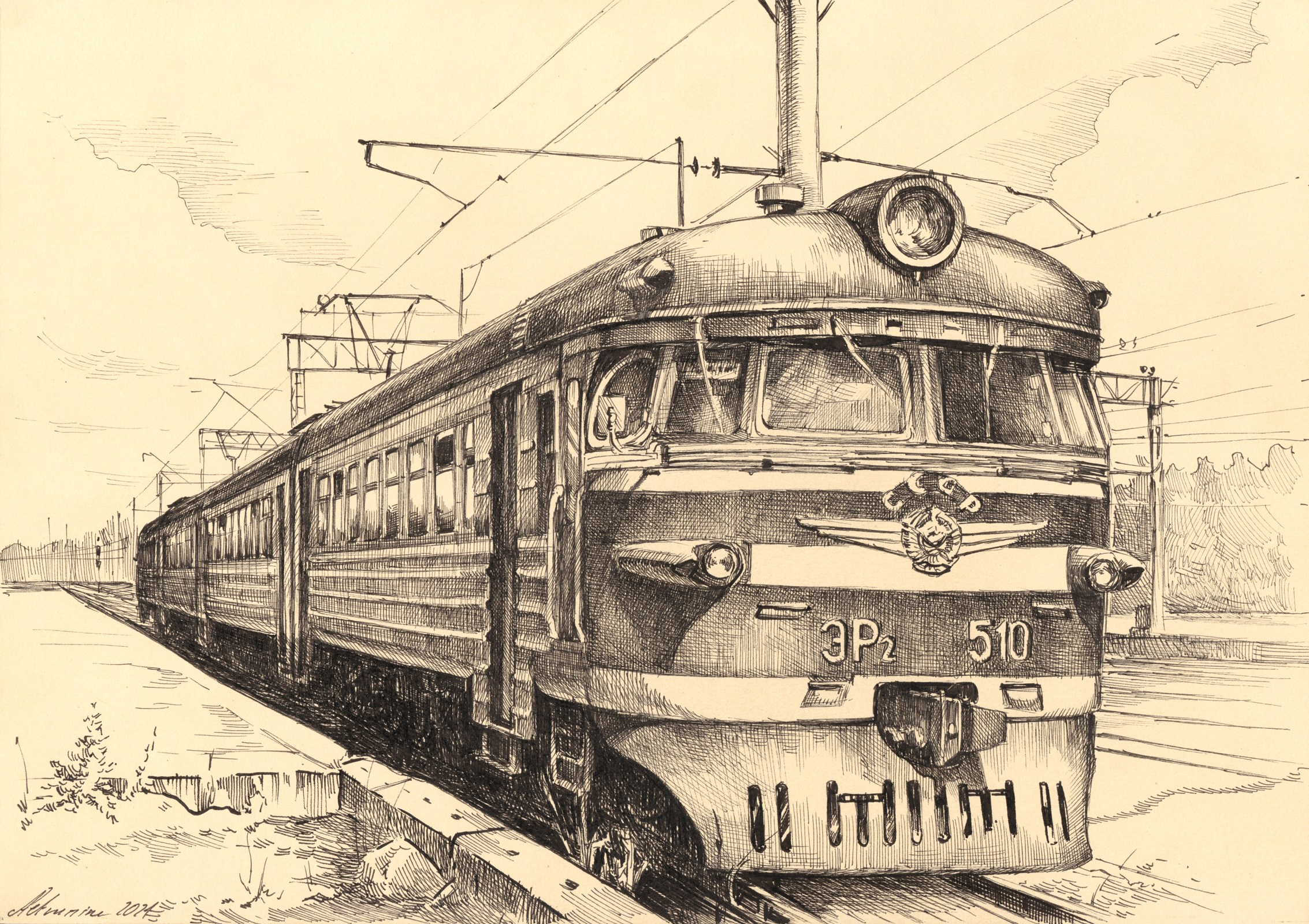 Пригородные поезда. Художник Александр Петрунин